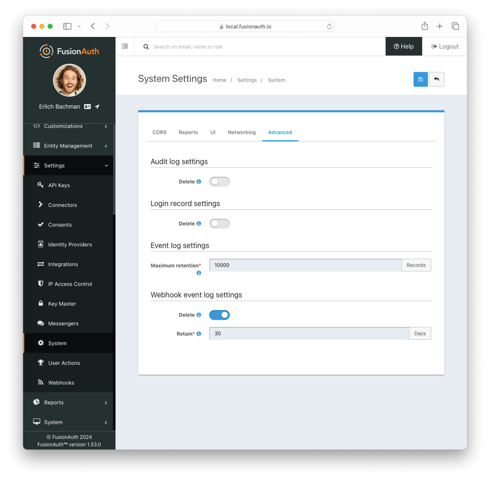 Webhook Event Log Settings