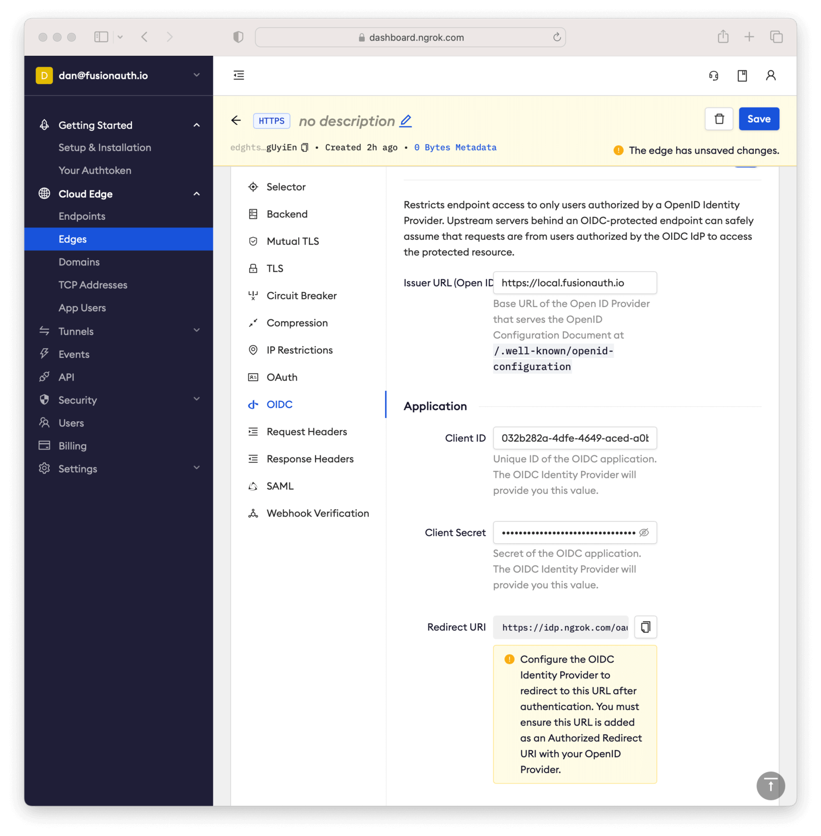 The filled-out ngrok Cloud Edges OIDC configuration screen