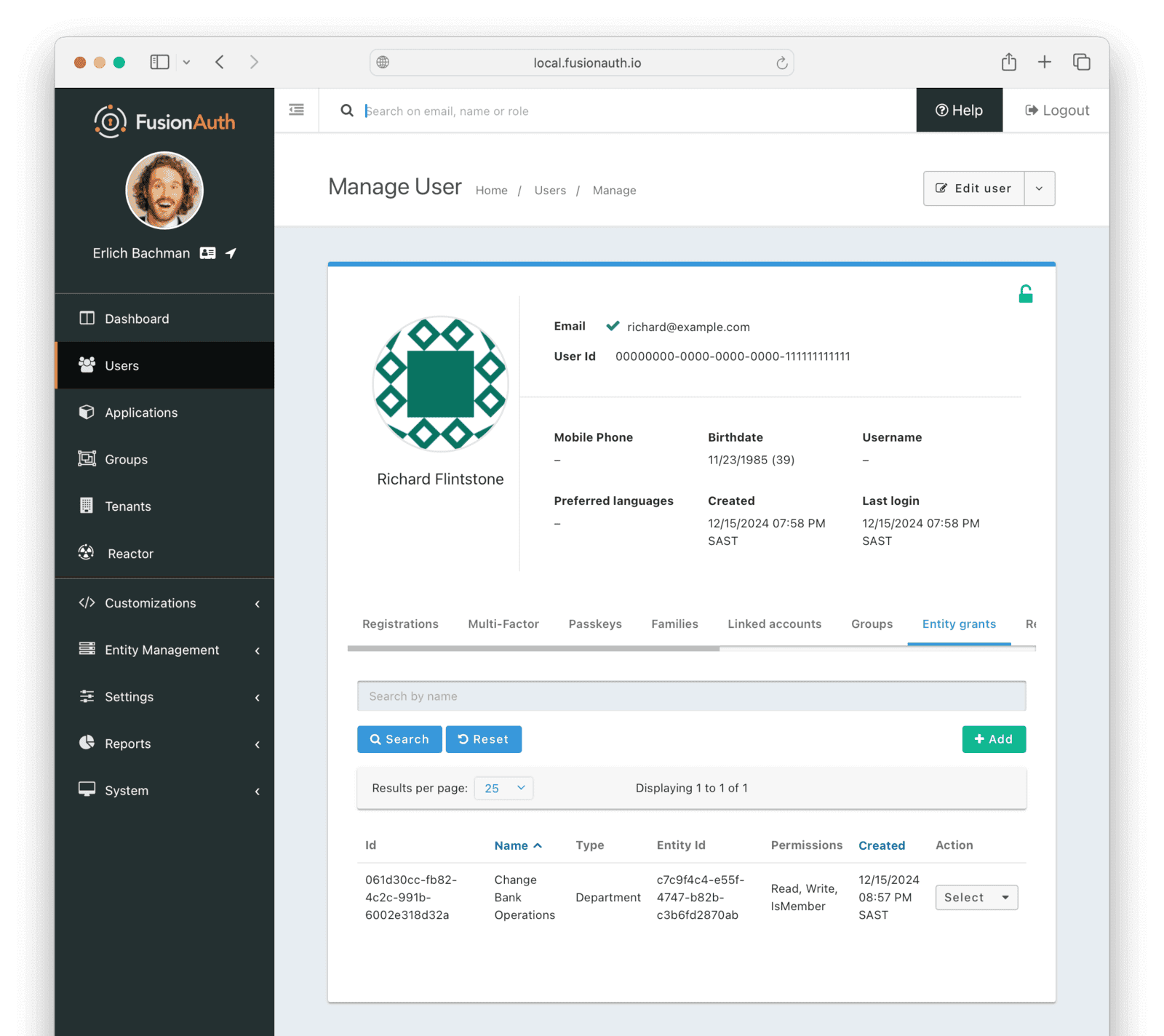 User with entity grant in FusionAuth