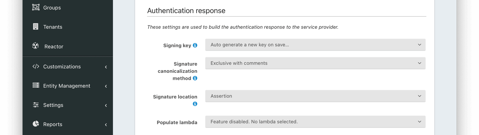 Application SAML authentication response settings