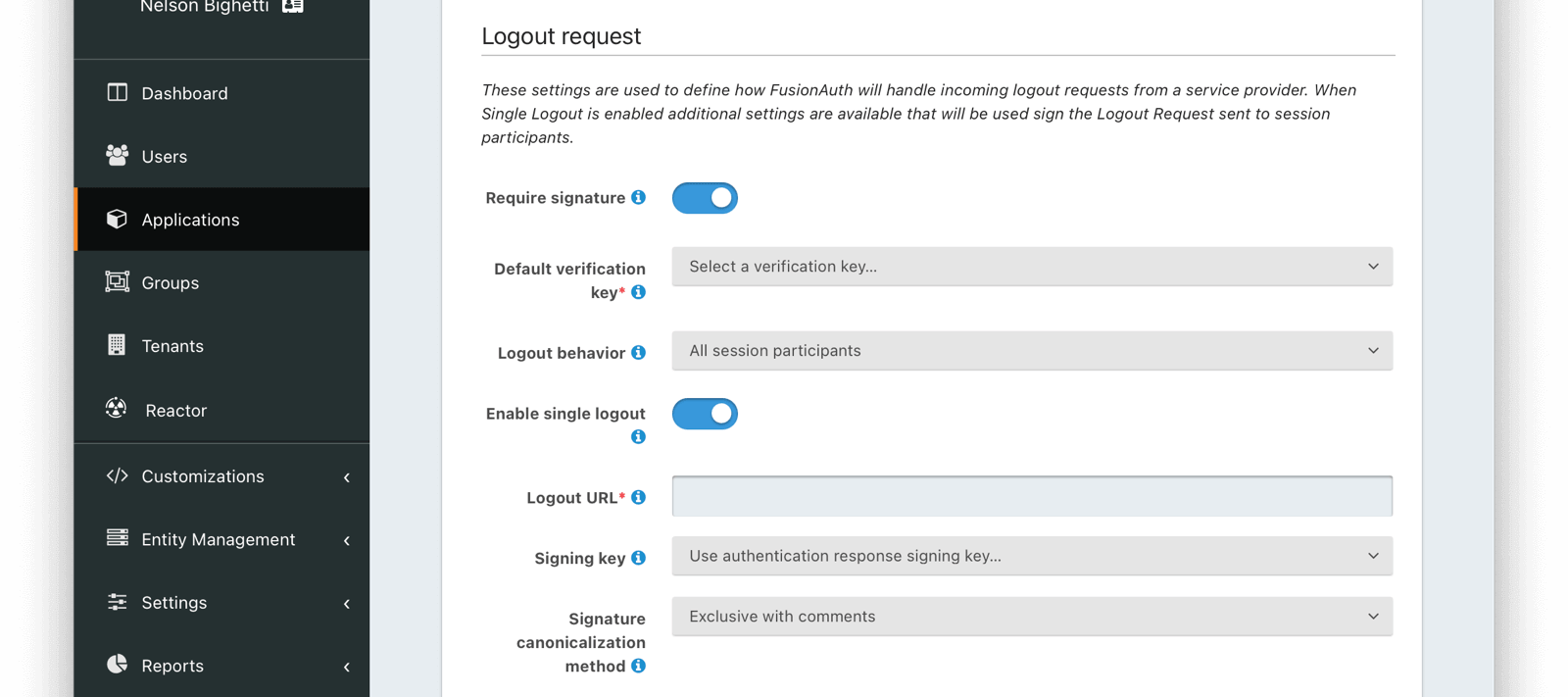 Application SAML logout request settings