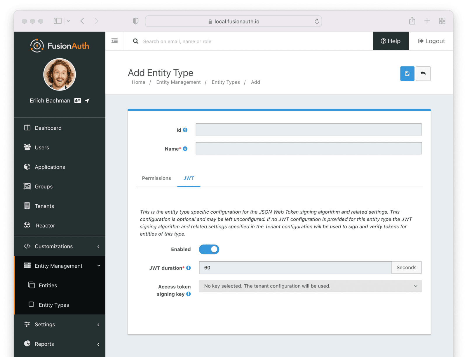 Create an Entity Type - JWT tab