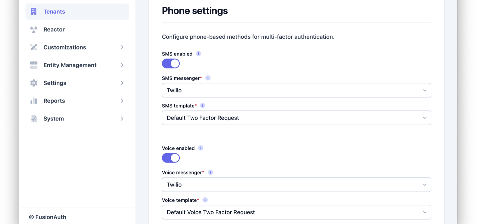 Tenant Configuration - MFA Phone settings