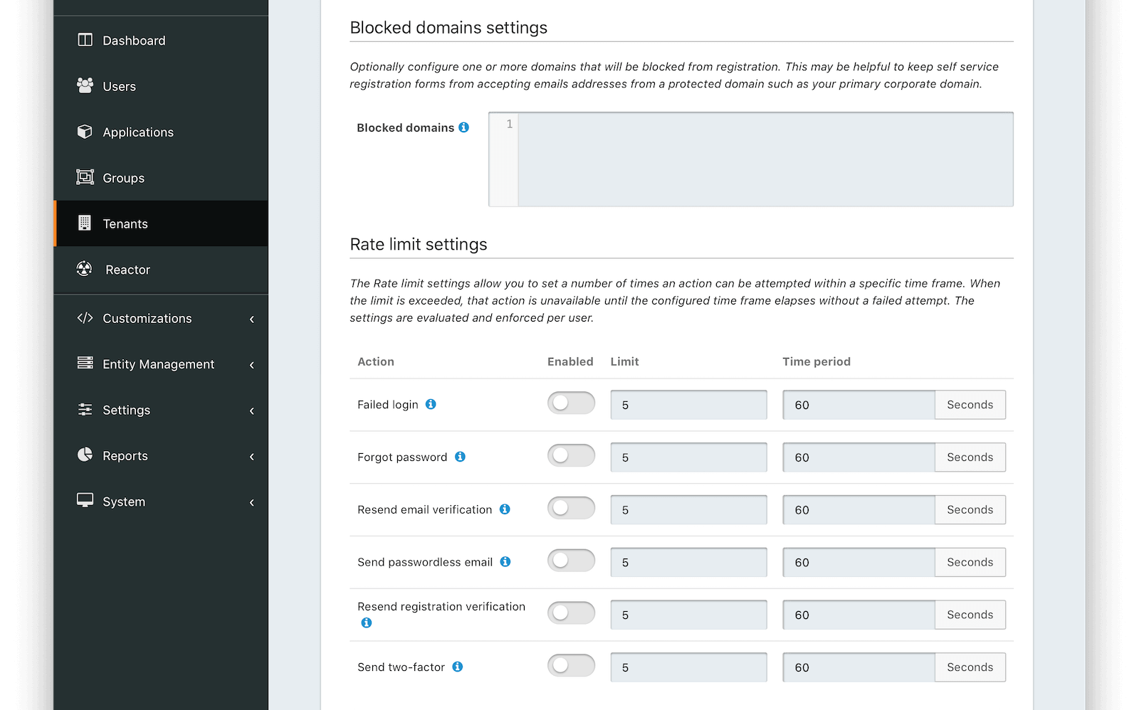 Tenant Configuration - Security: Blocked domains and rate limiting