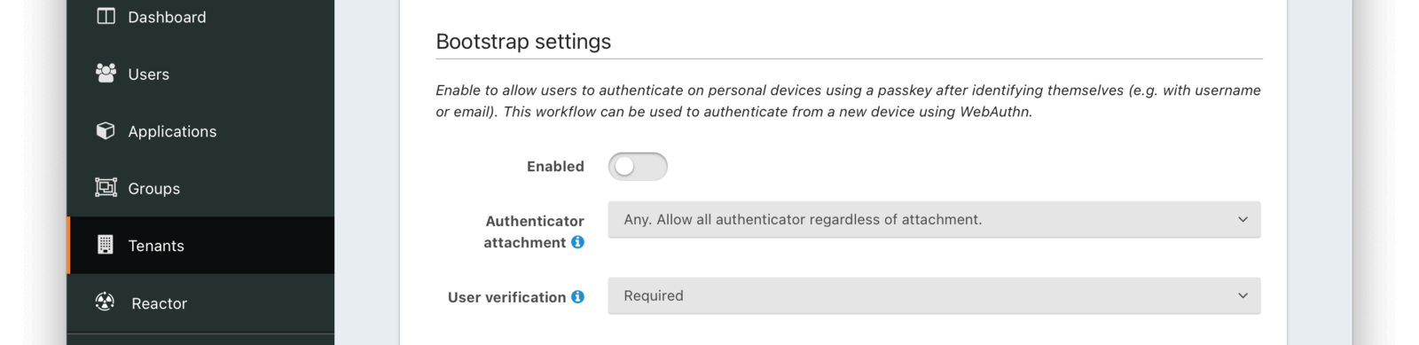 Tenant Configuration - WebAuthn Bootstrap settings