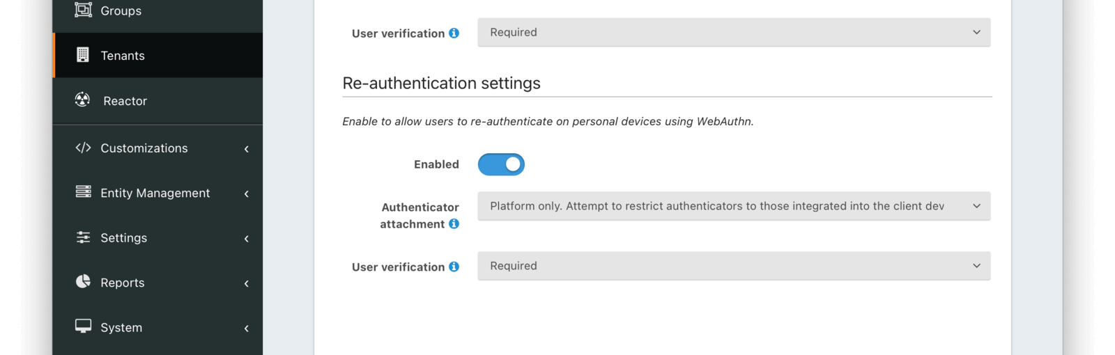 Tenant Configuration - WebAuthn Re-authentication settings