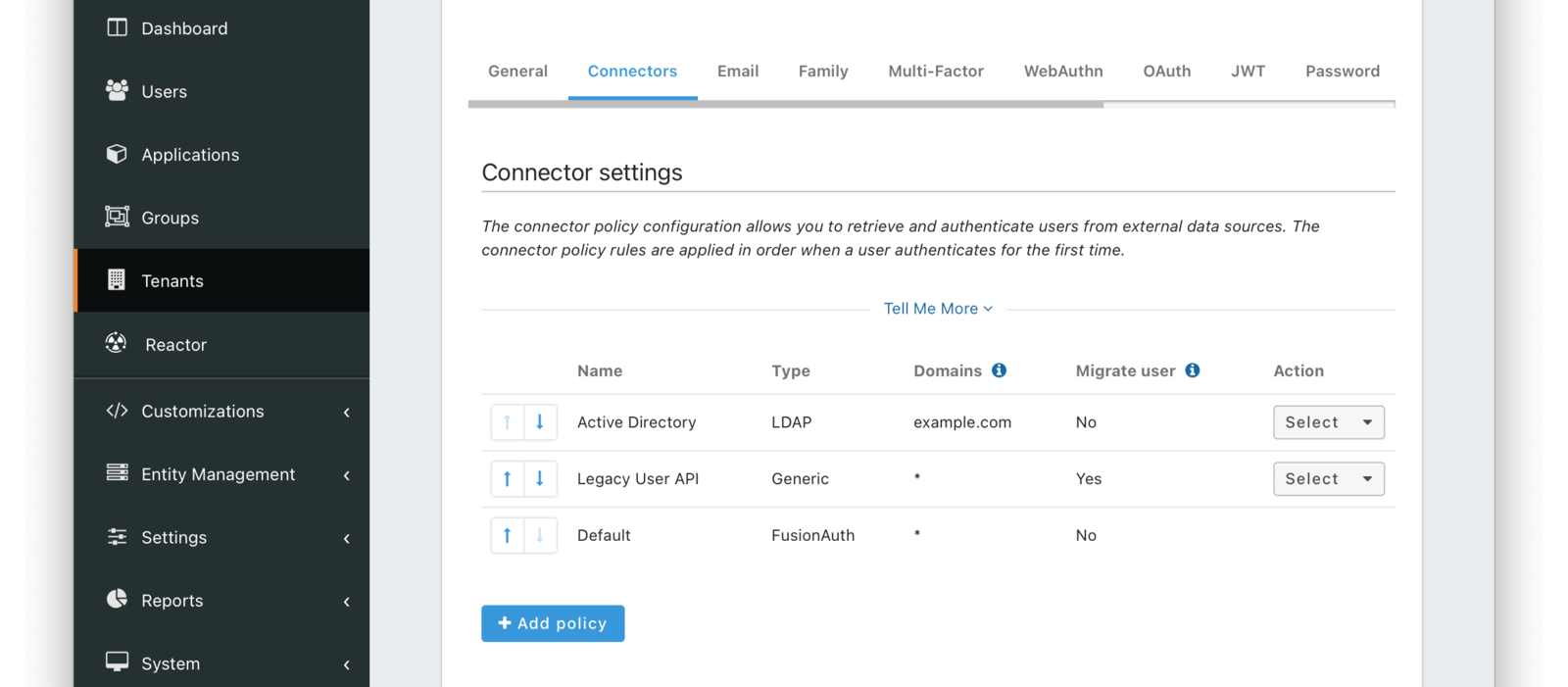 The Tenant Connector policy configuration tab.