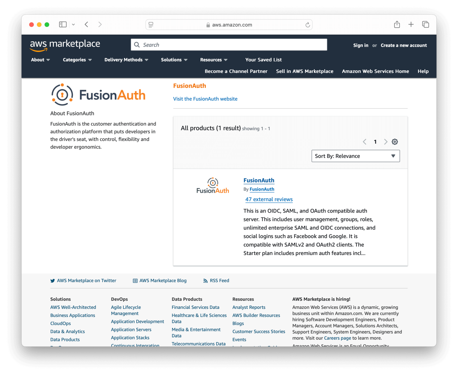 FusionAuth's AWS Marketplace listing screenshot.