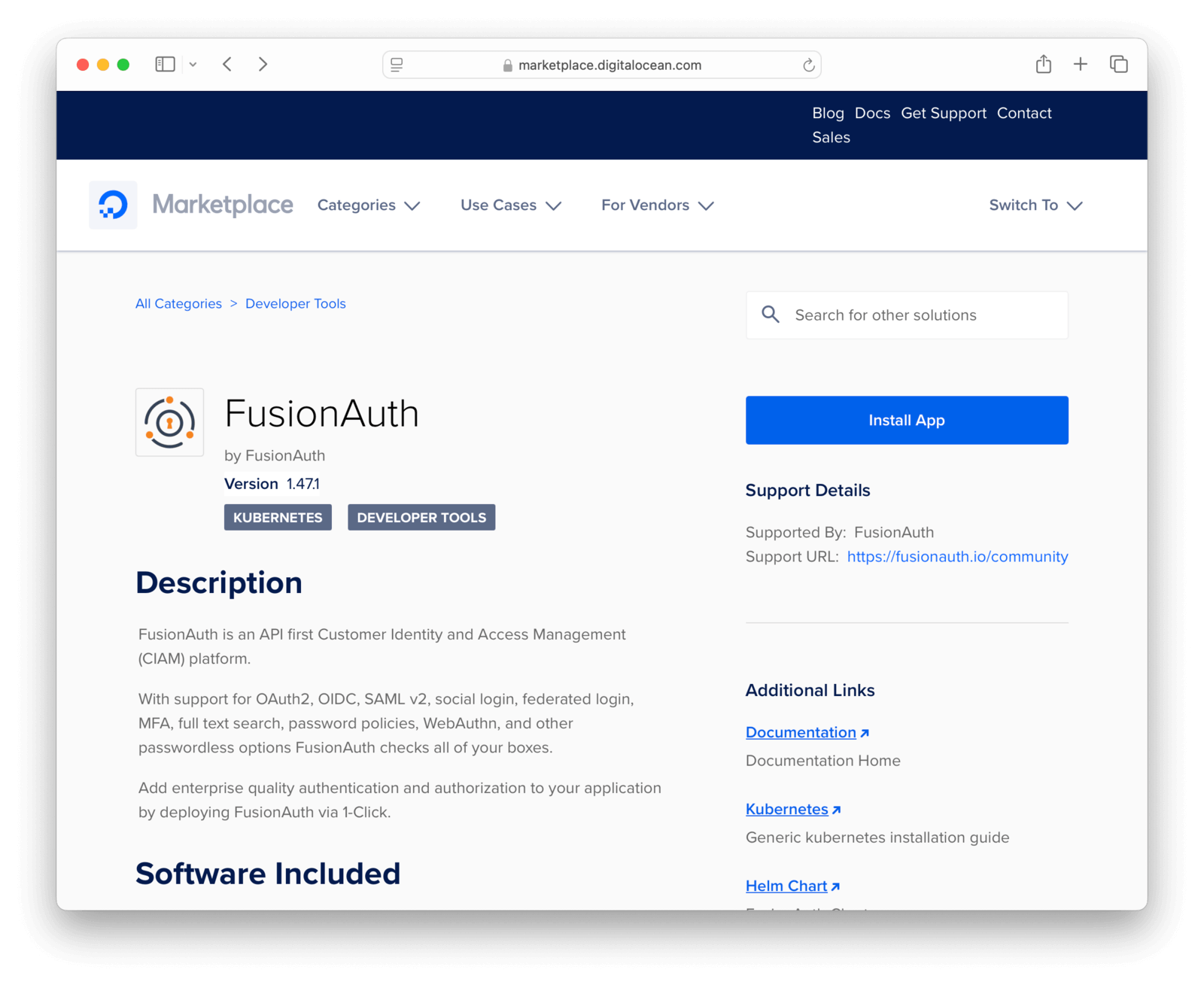 FusionAuth's DigitalOcean Marketplace listing screenshot.