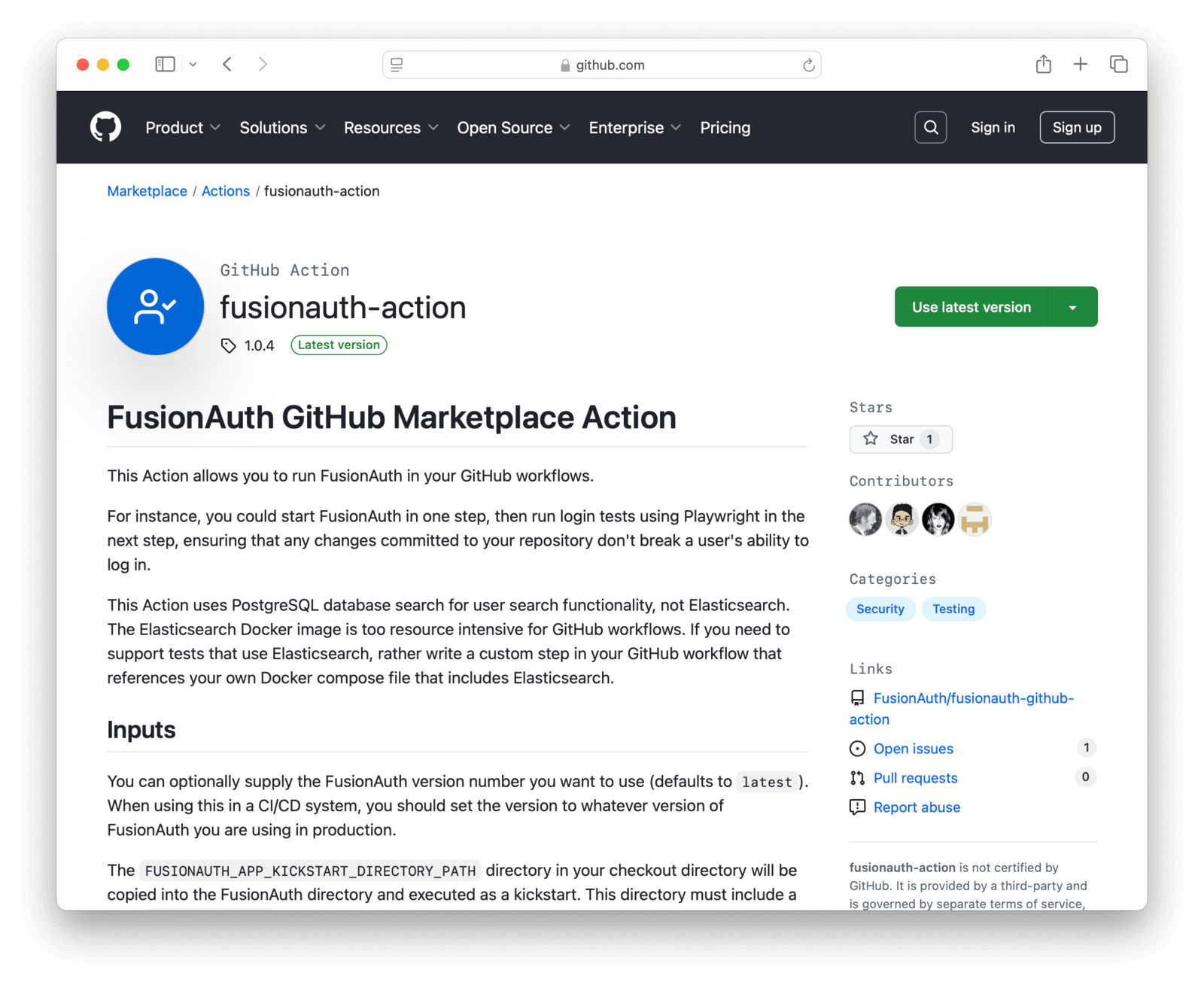 FusionAuth's GitHub Actions Marketplace listing screenshot.