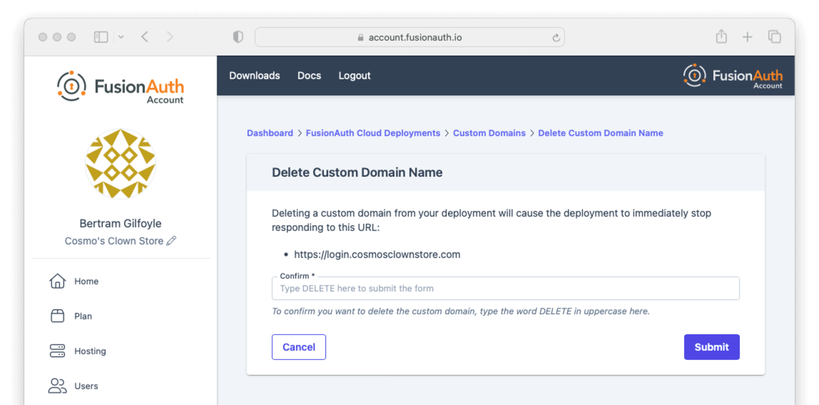 Form to delete a custom domain.