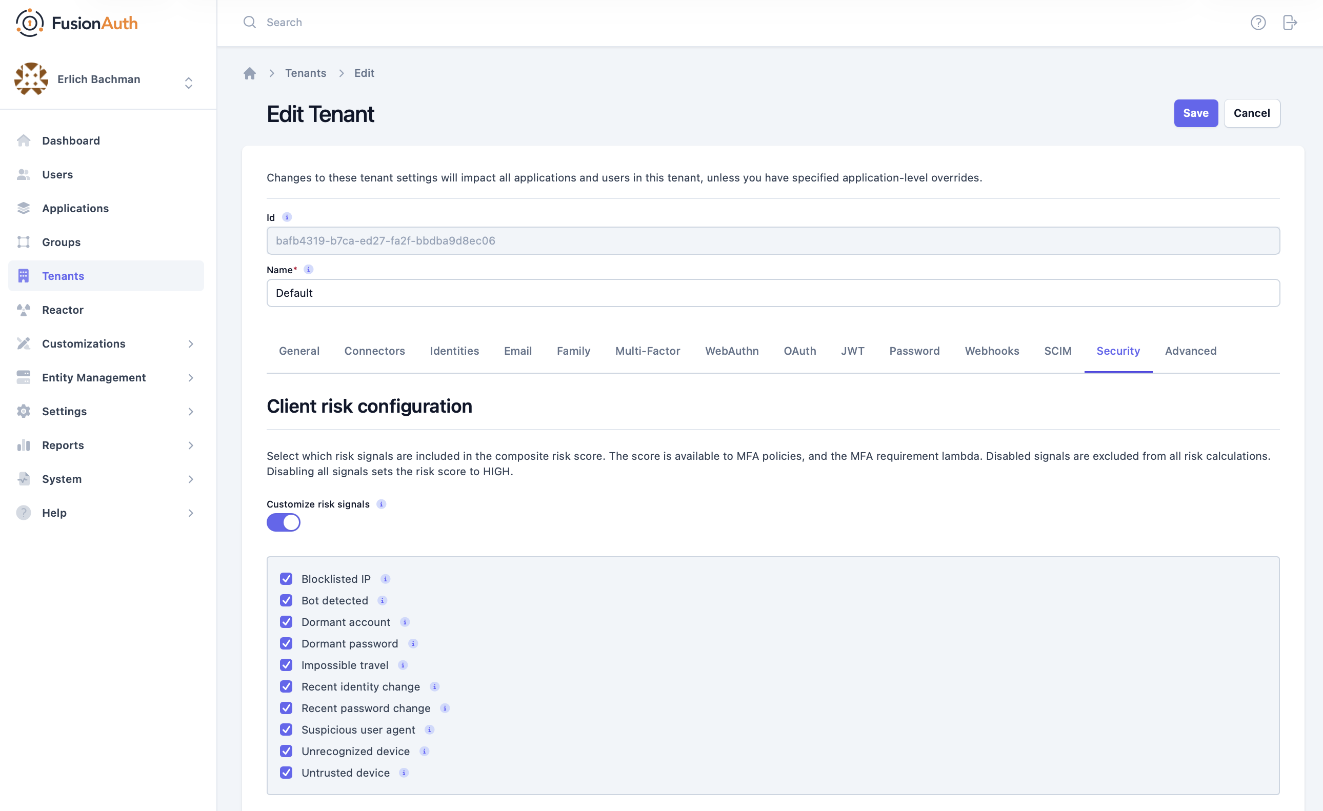 The client risk configuration menu allows you to enable and disable individual risk signals.