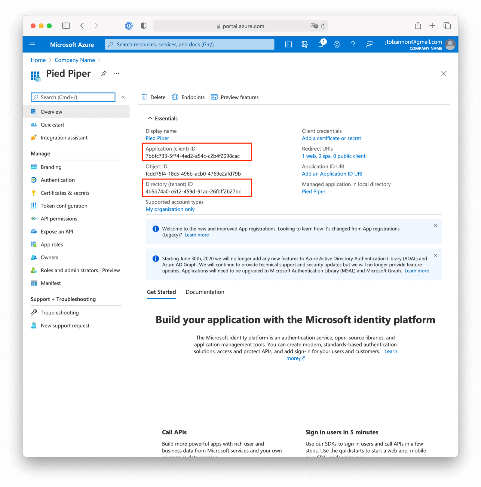 Azure AD Client ID and Tenant ID