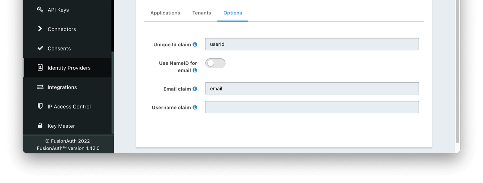 Configure FusionAuth with Email and Id attributes defined