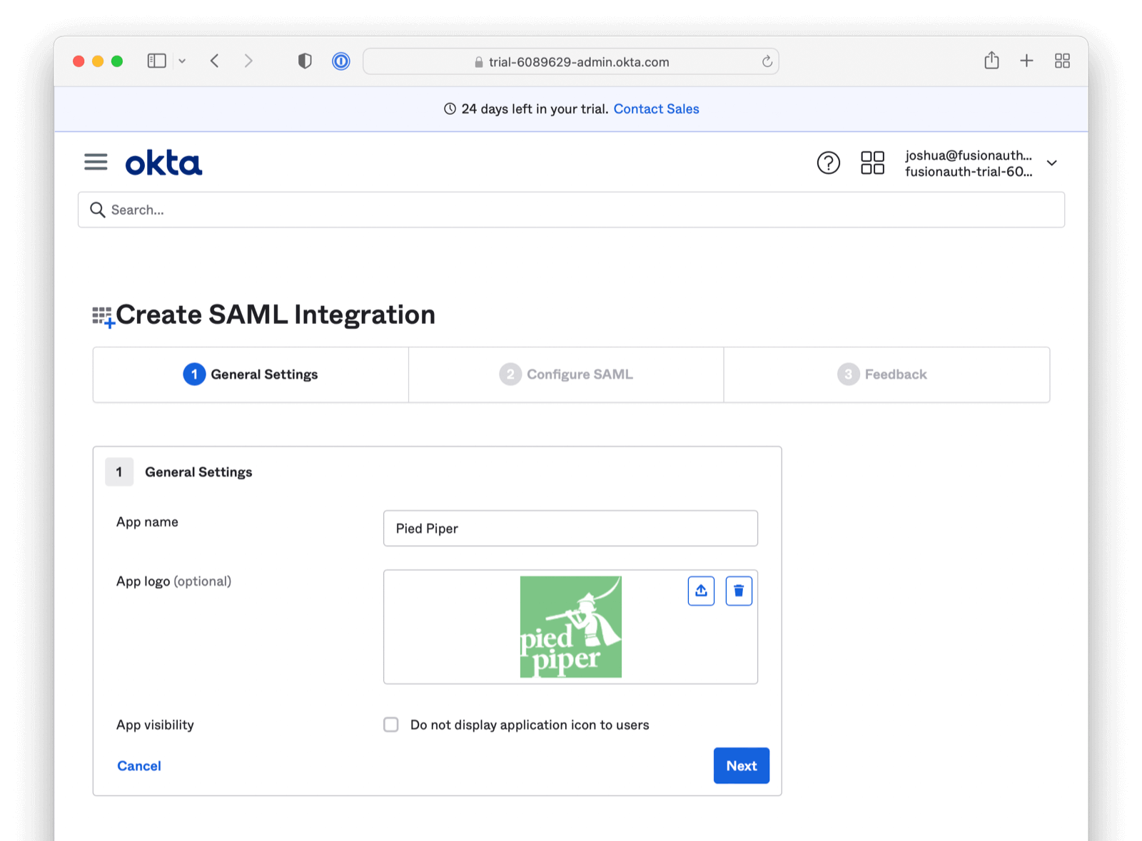 General settings tab when creating a SAMLv2 application in Okta