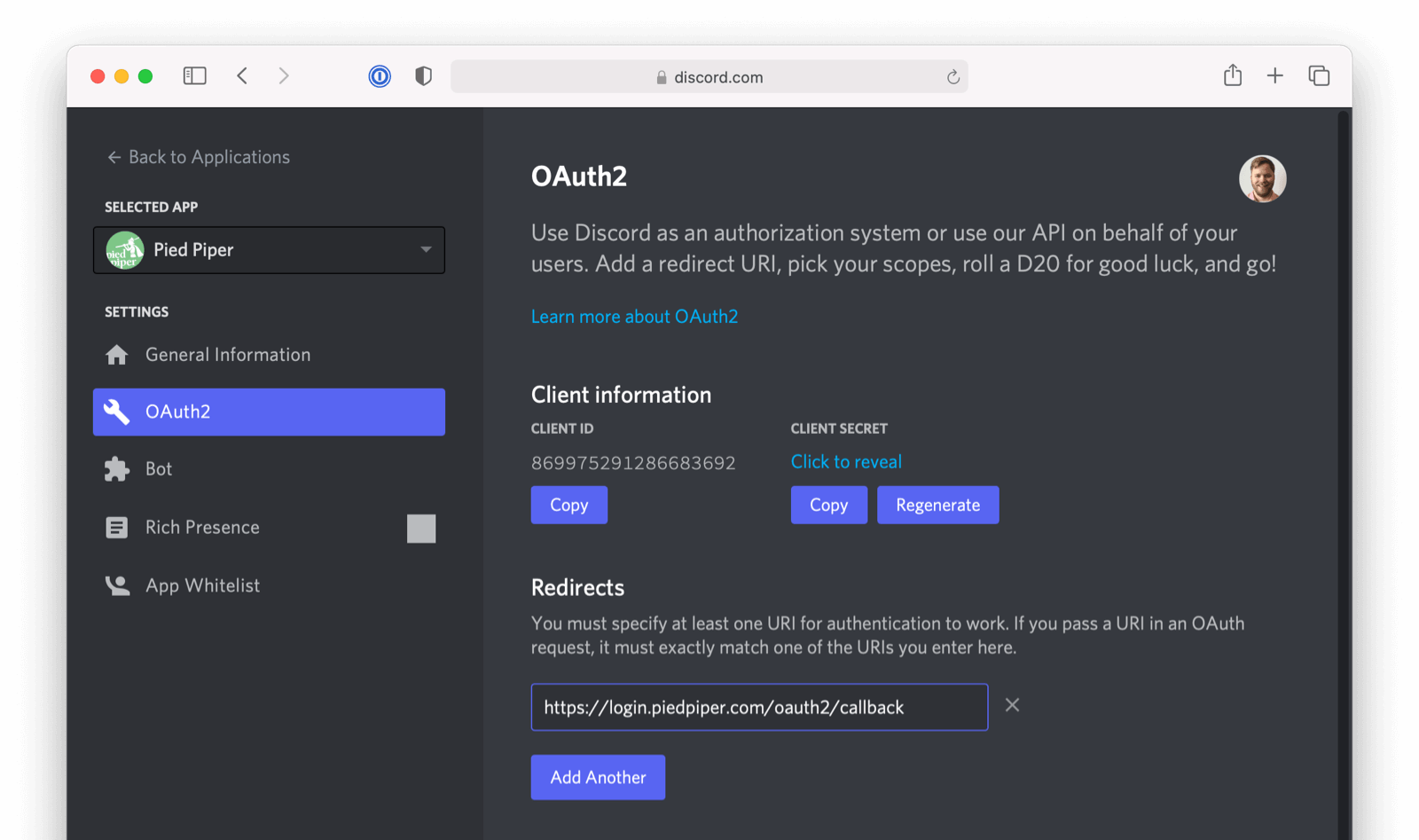 Register a new Discord OAuth Application