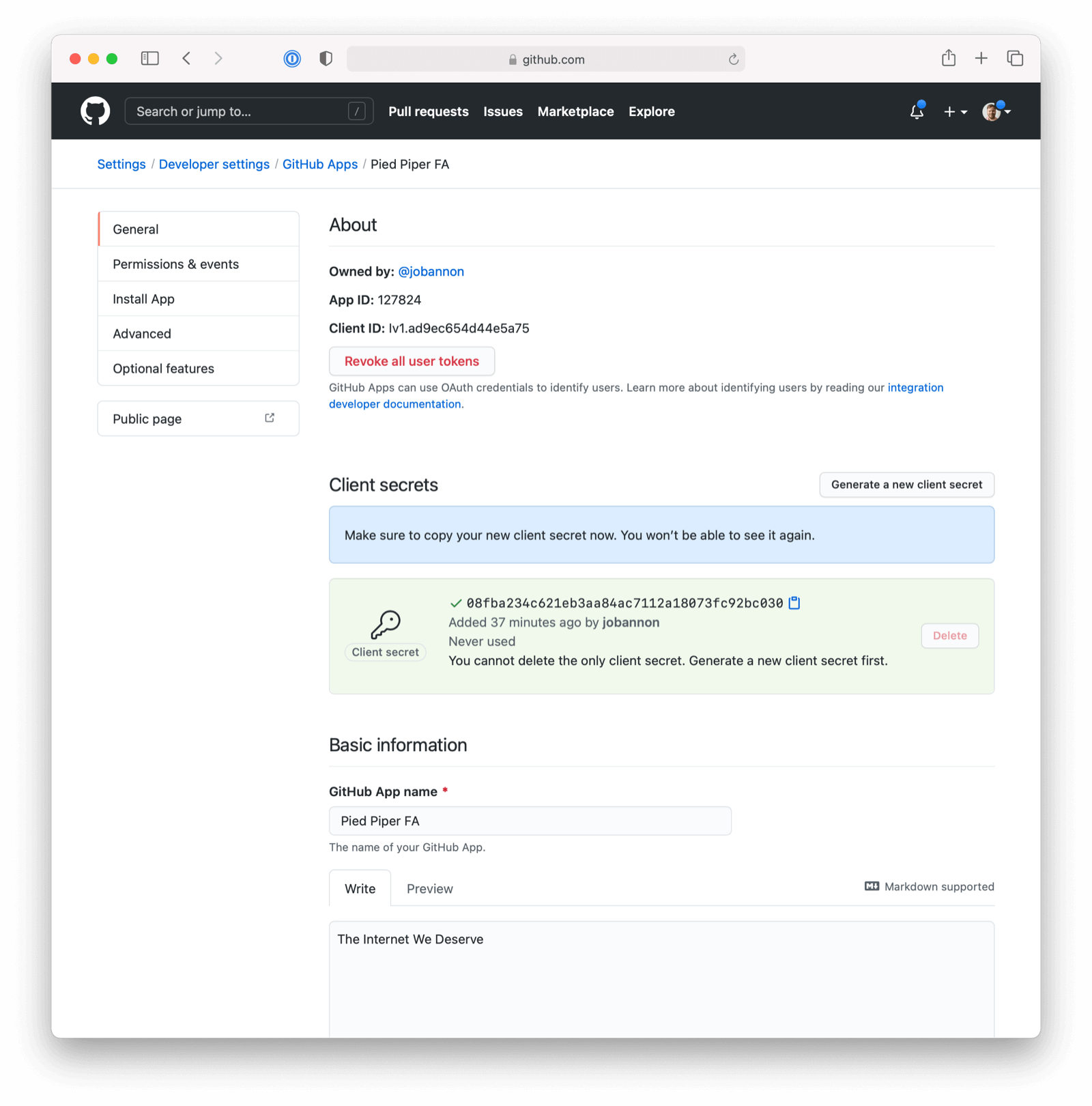 GitHub Client ID and Secret