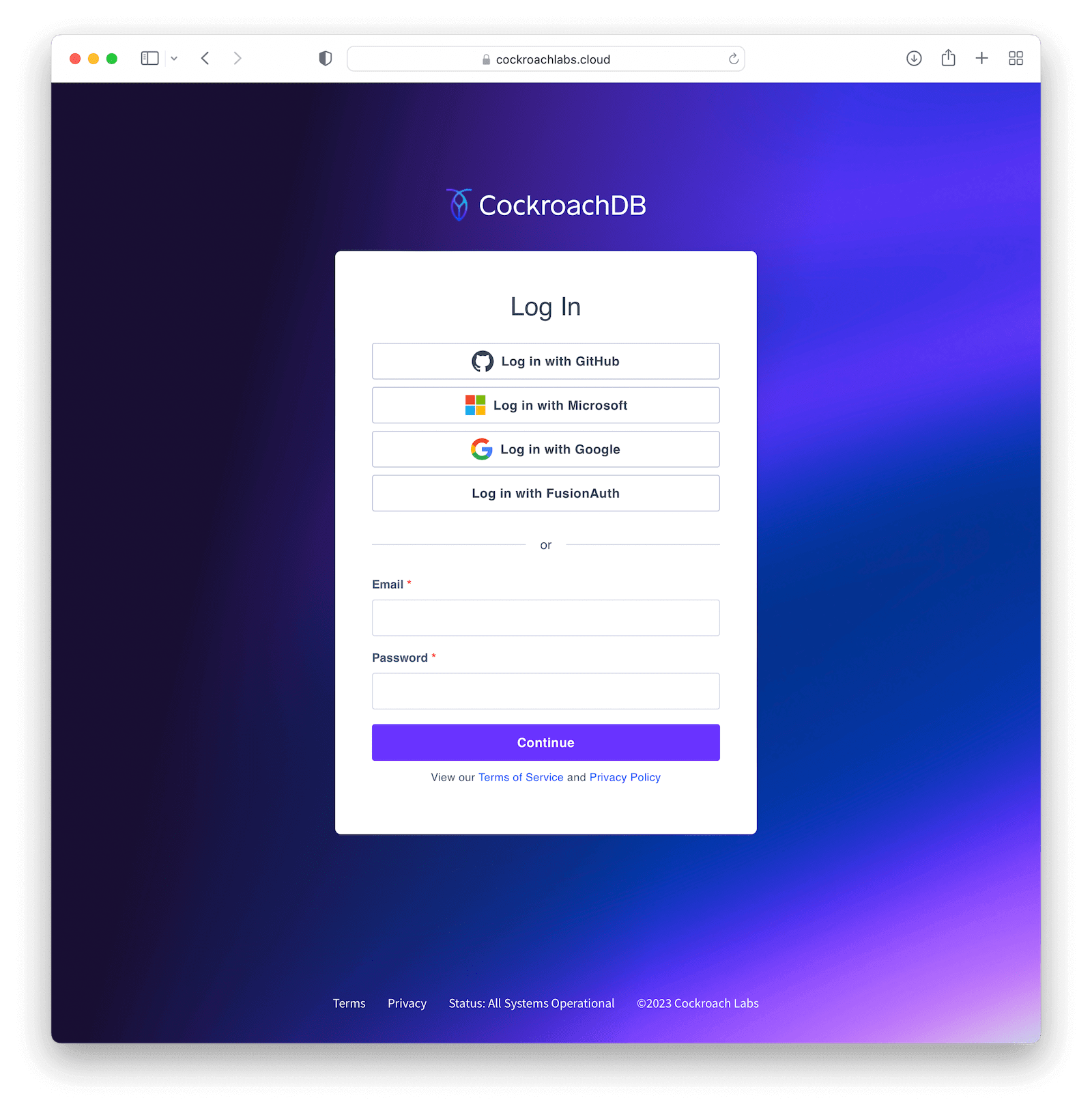 Login screen for your CockroachDB instance.