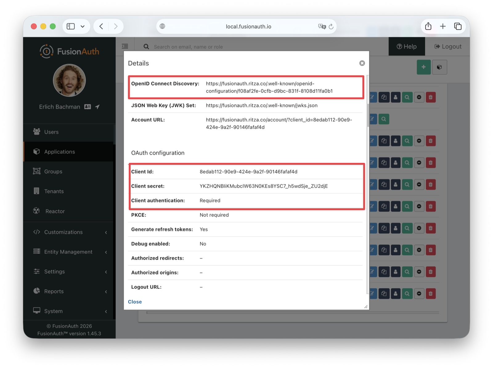 Application details with Client ID and secret.