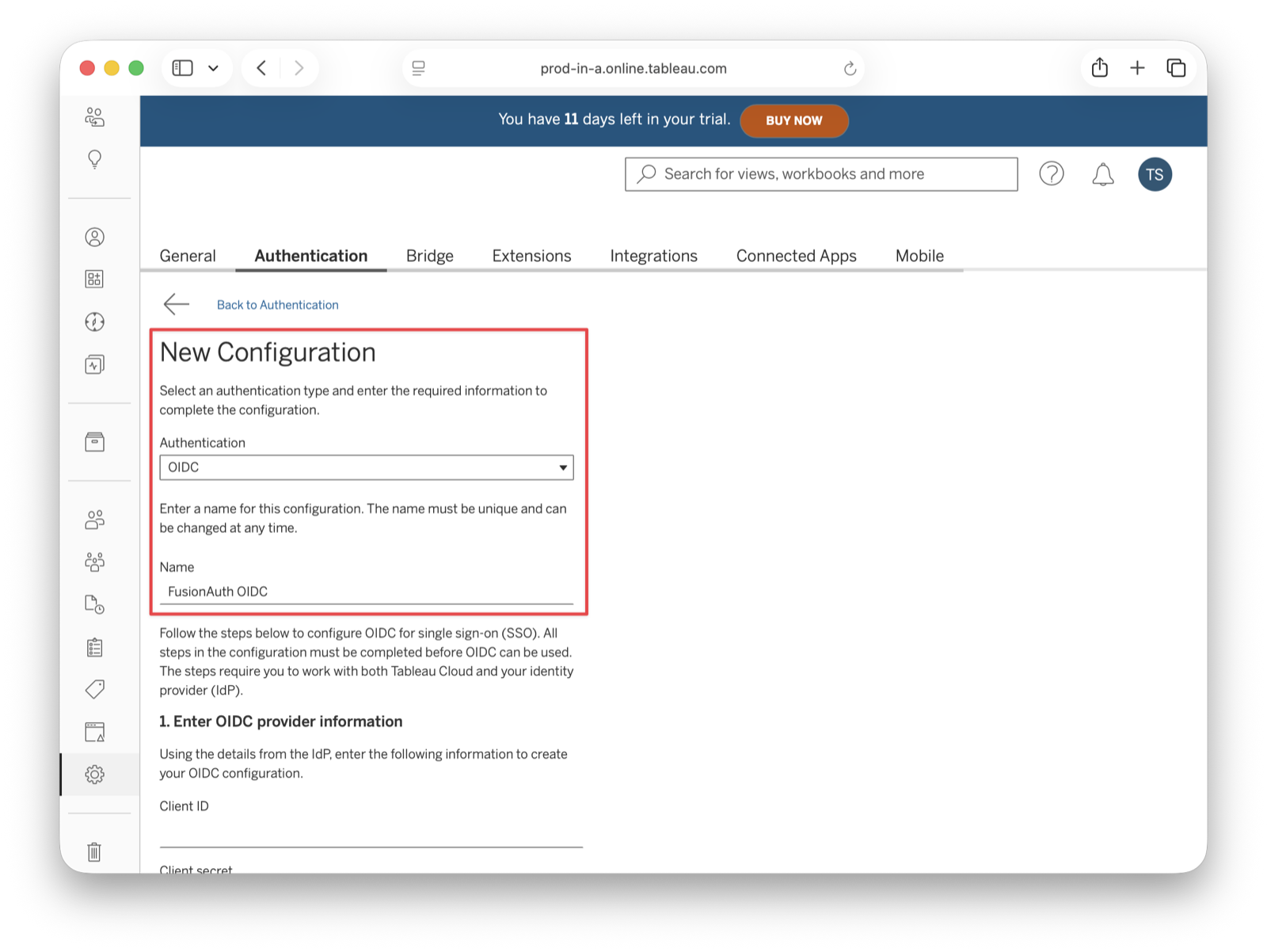 Create new OIDC configuration in Tableau.