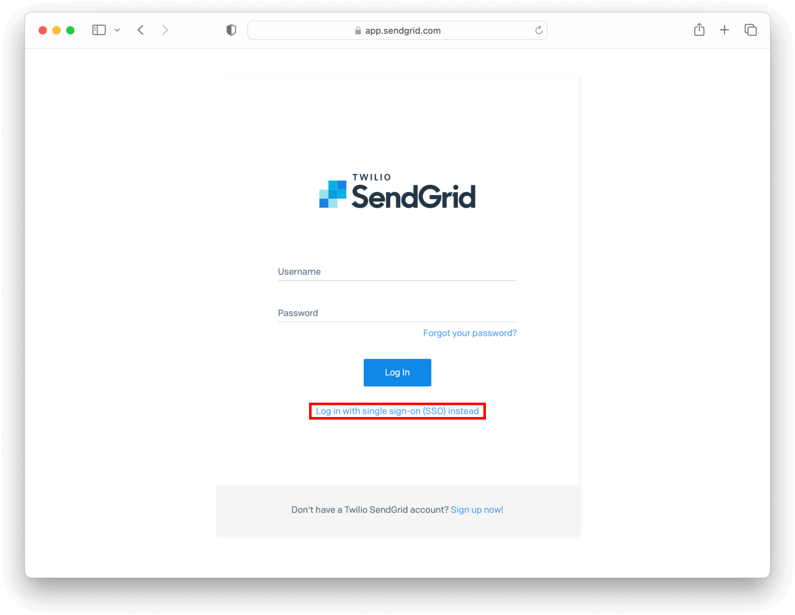 SendGrid login page with SSO option.