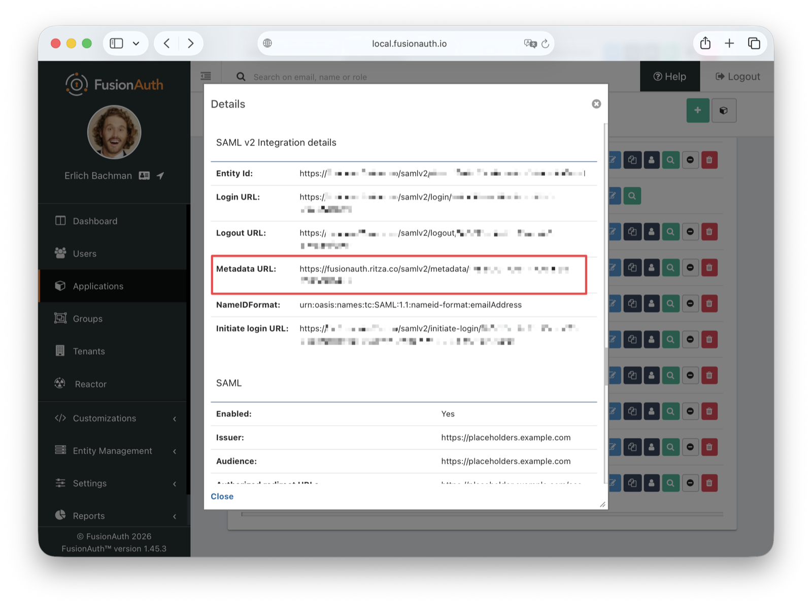 SAML metadata URL location.