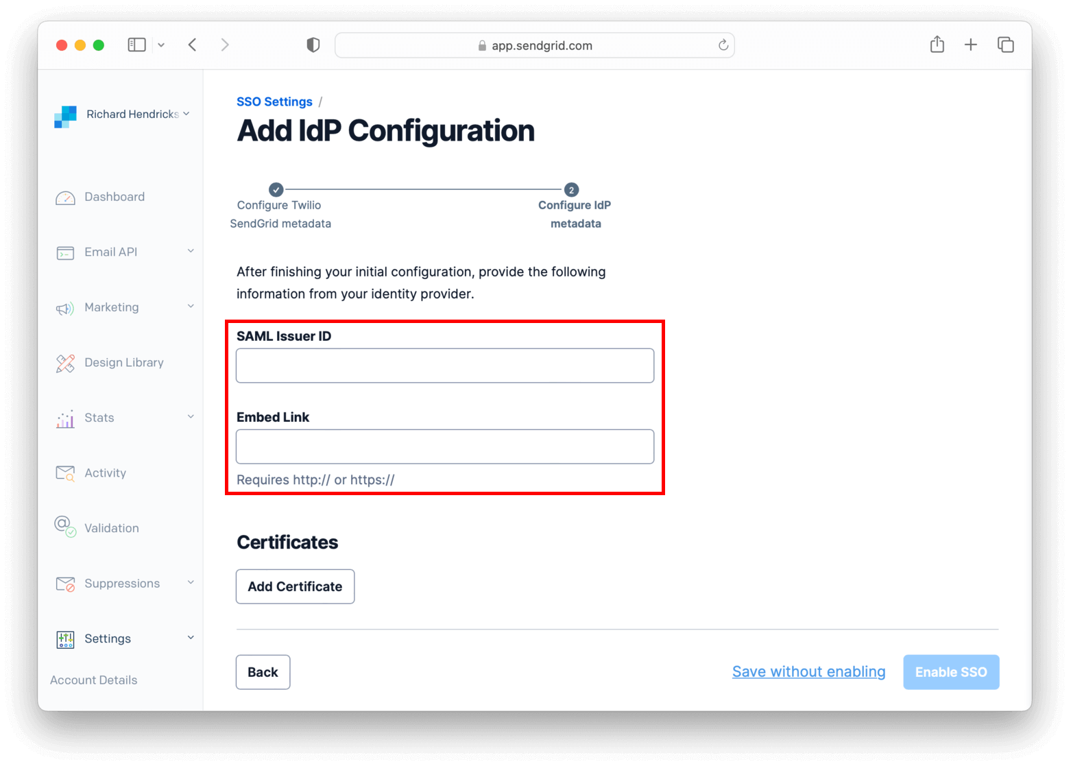 Filling SSO configuration in SendGrid.