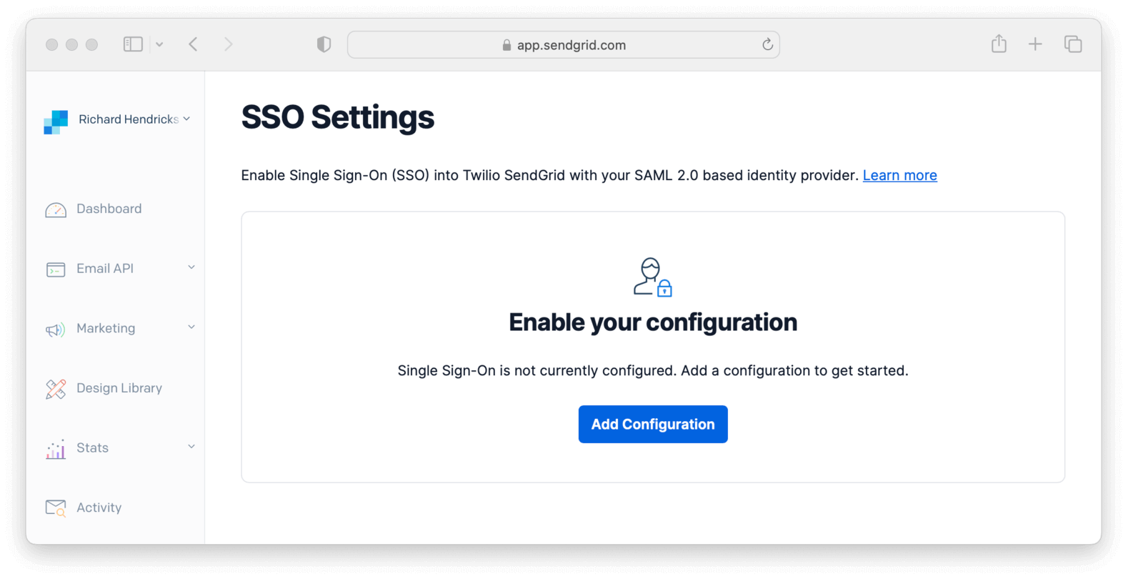 Adding SSO configuration in SendGrid.