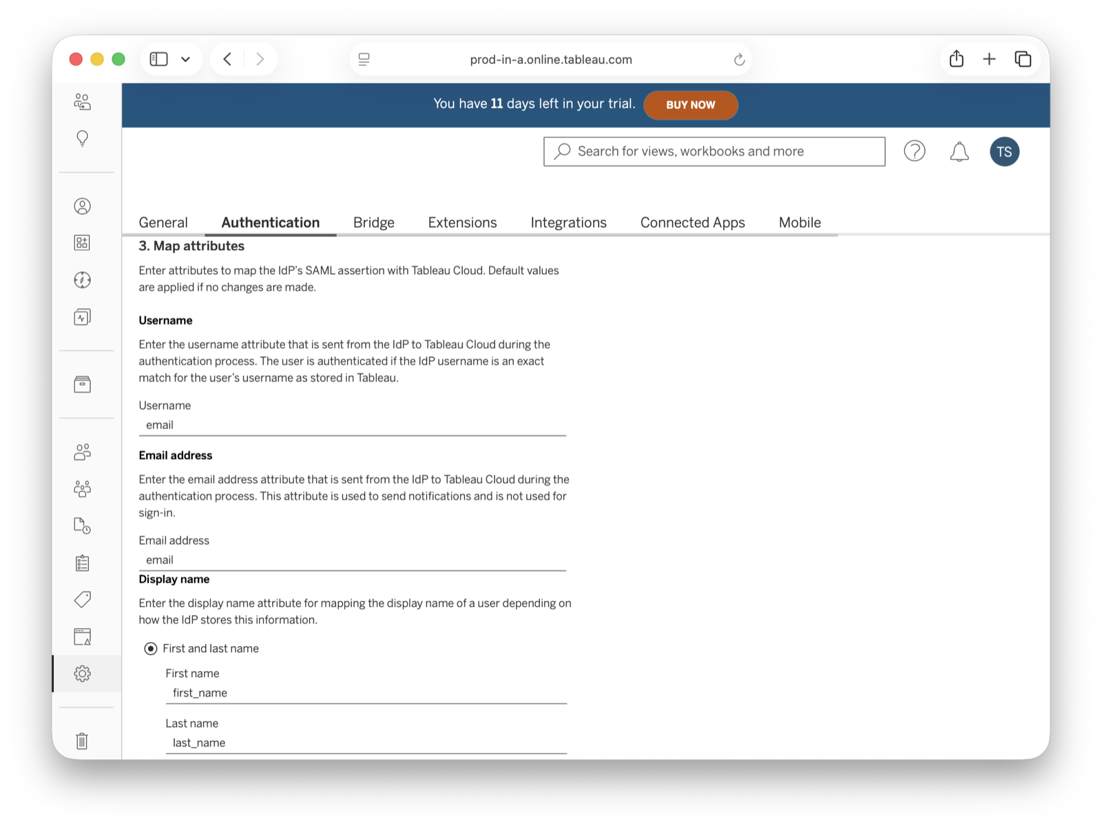 Tableau attribute mapping configuration.