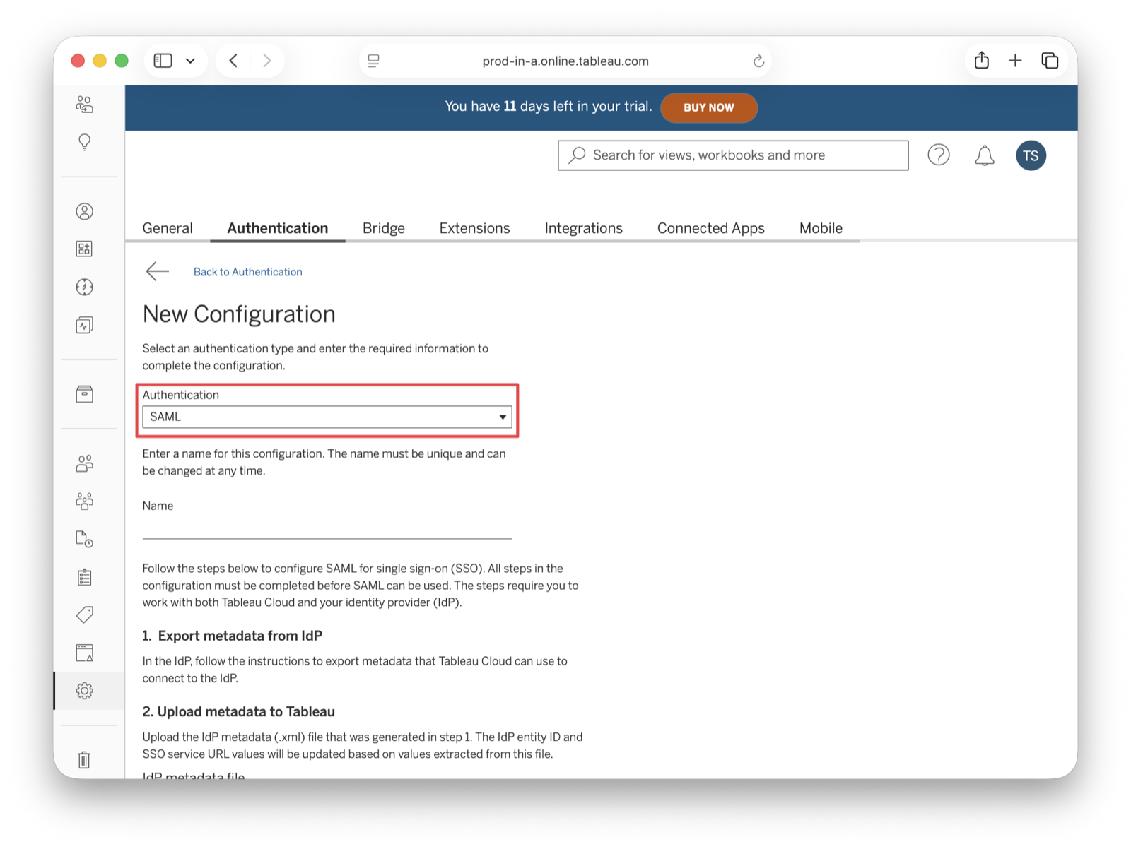 Tableau SAML configuration screen.