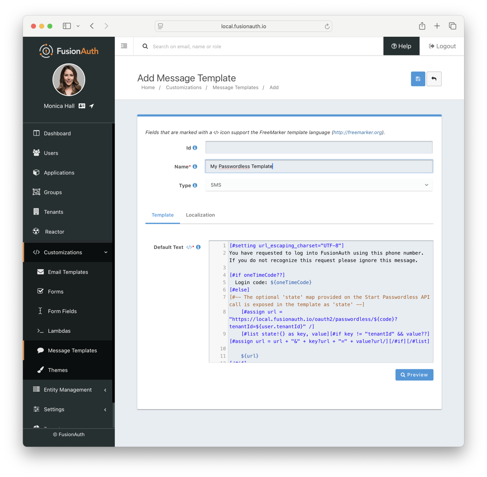 Modifying the magic link login message template.