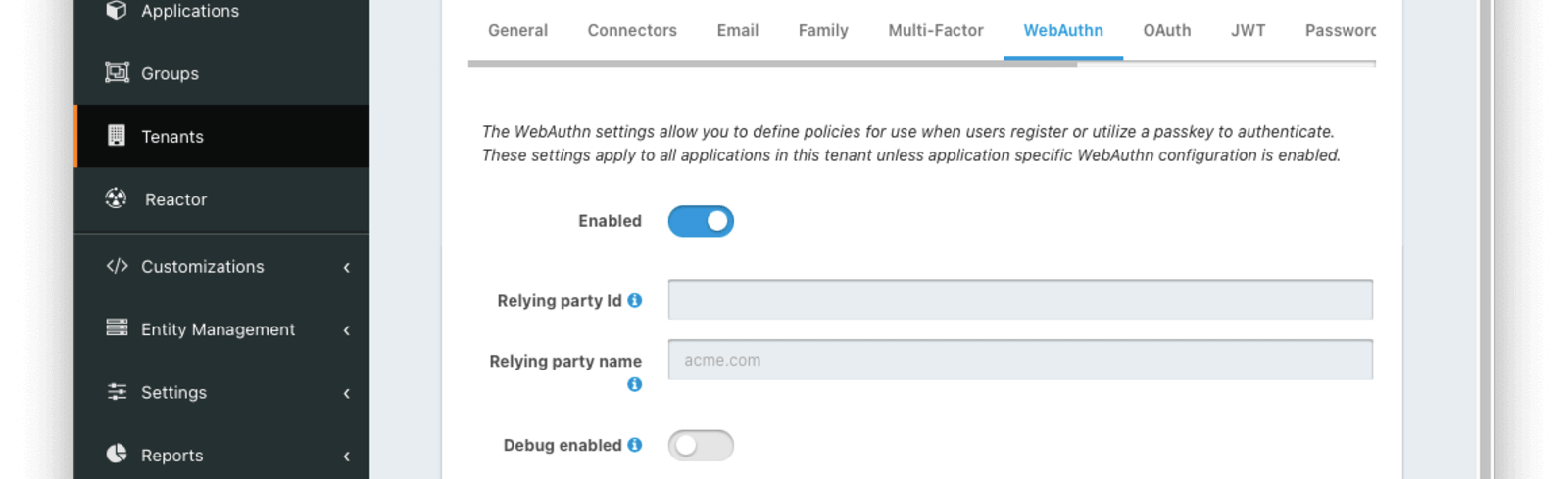 Tenant Configuration - WebAuthn