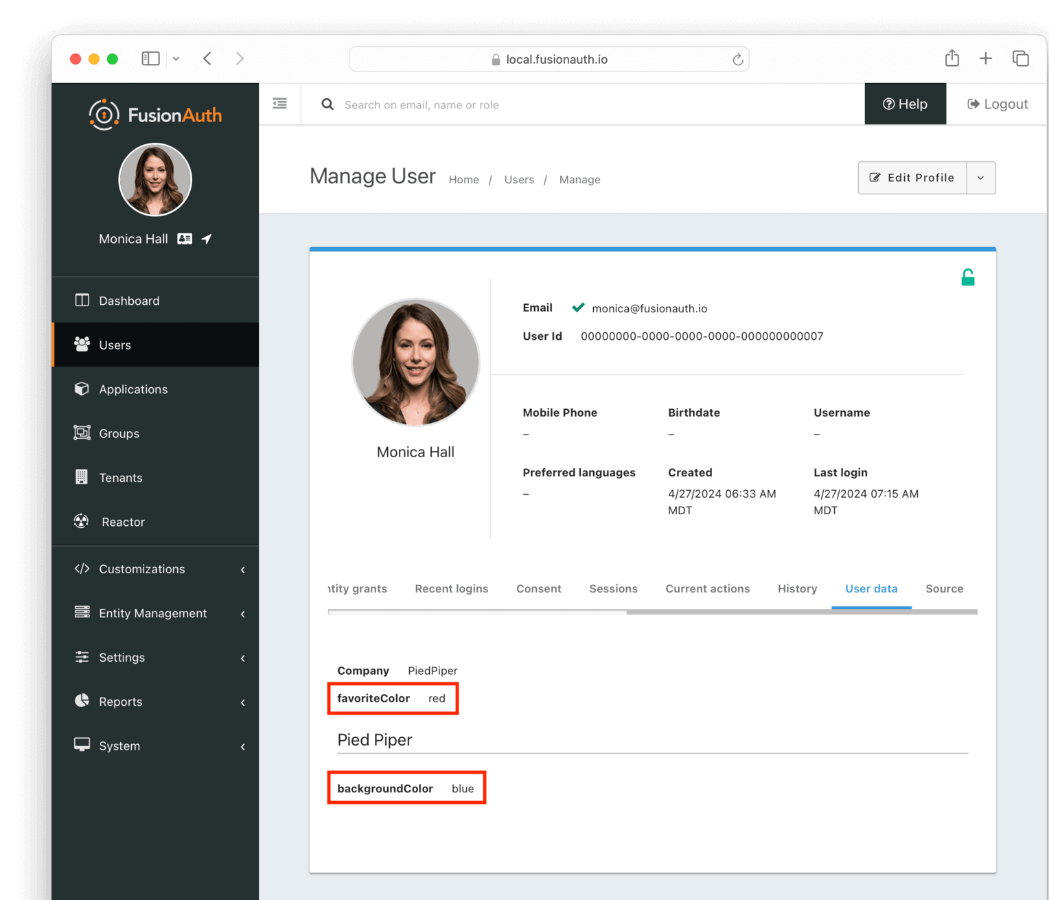 User details view after their custom fields have been updated.