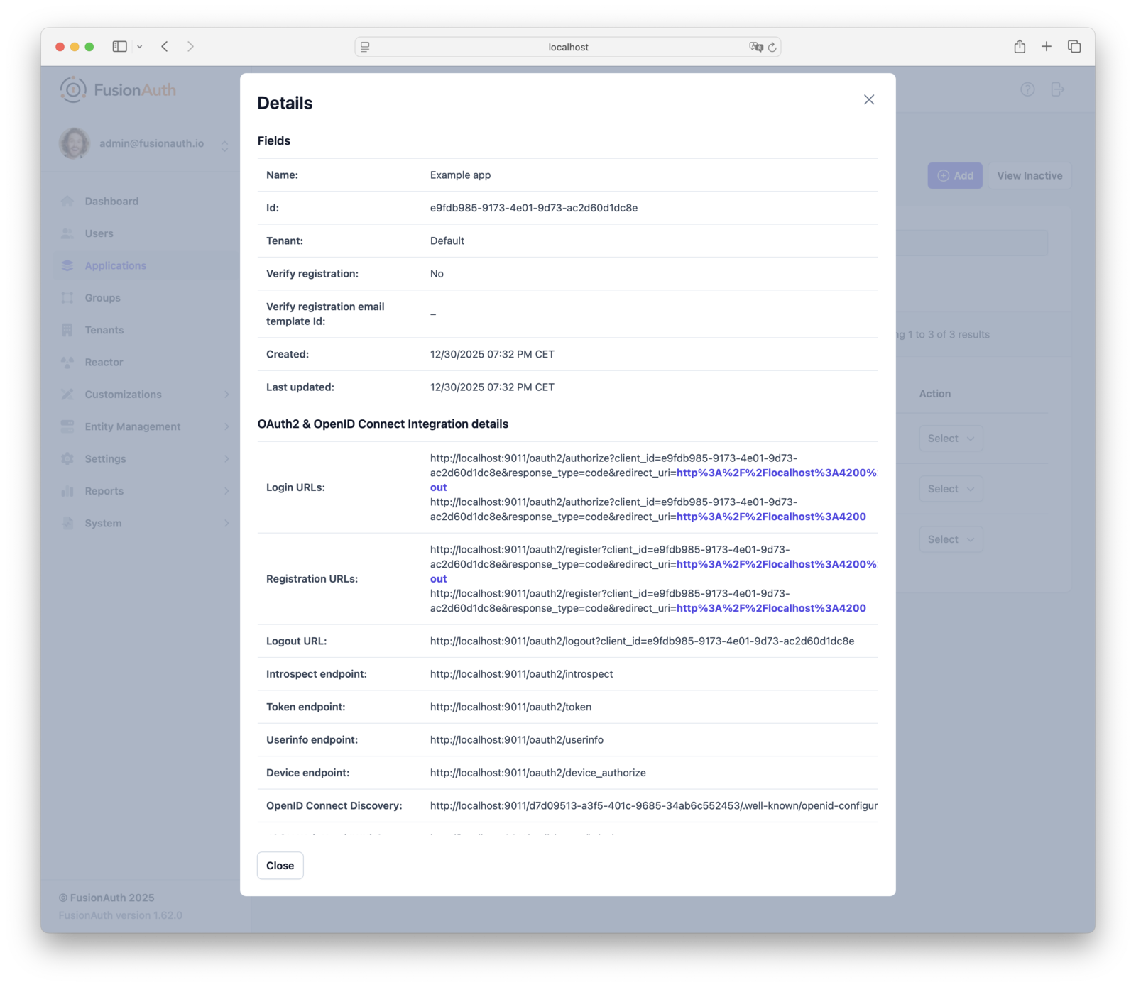 The Application details page with the Self-service registration URL