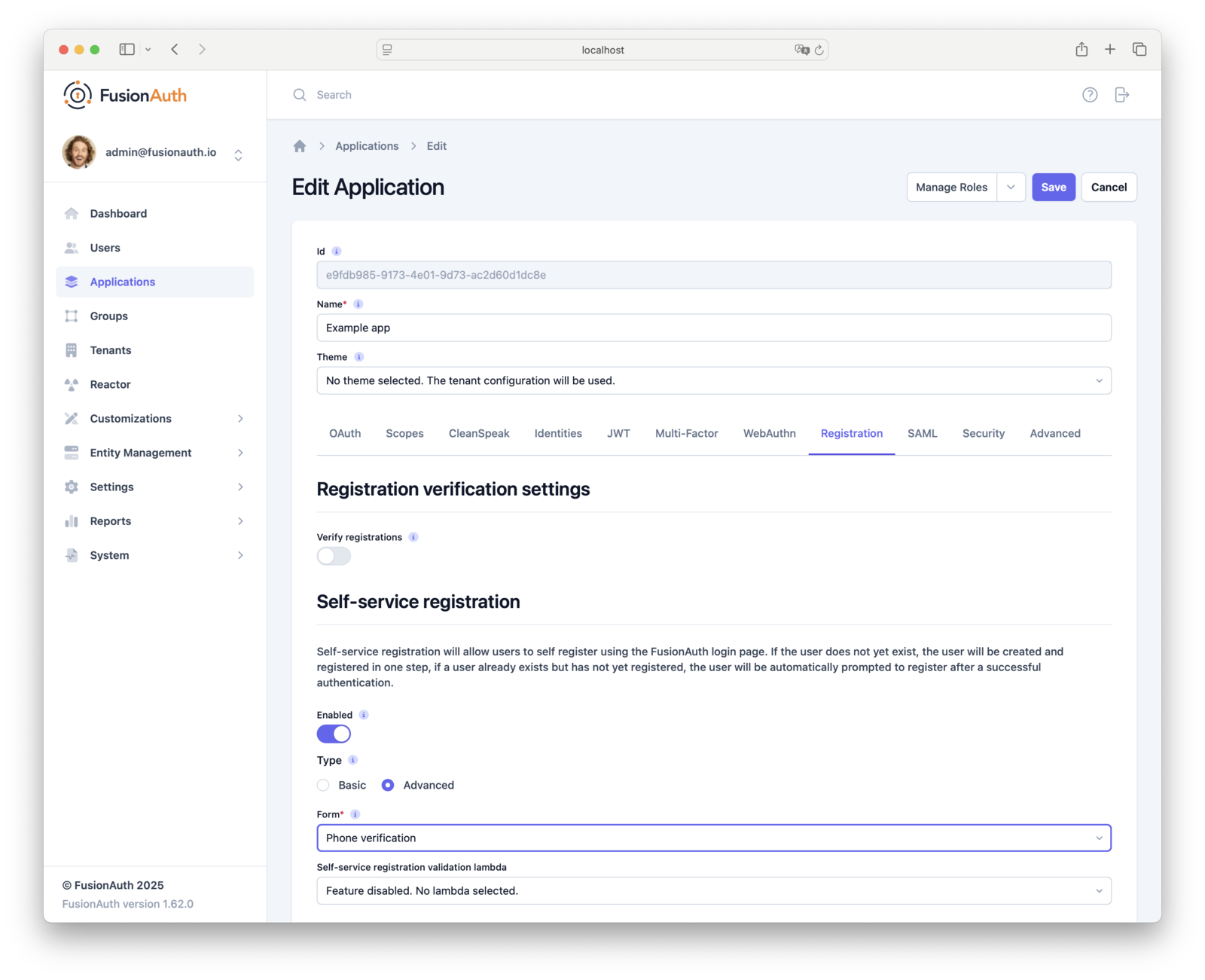 The Application registration configuration enabling self-service registration with an Advanced Registration Form