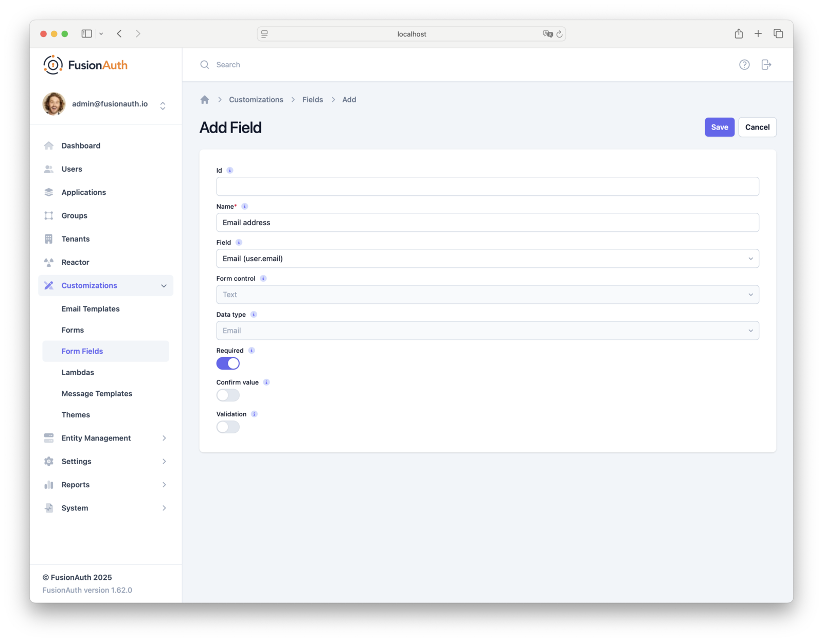 The Form Field configuration for user.email, set to Required