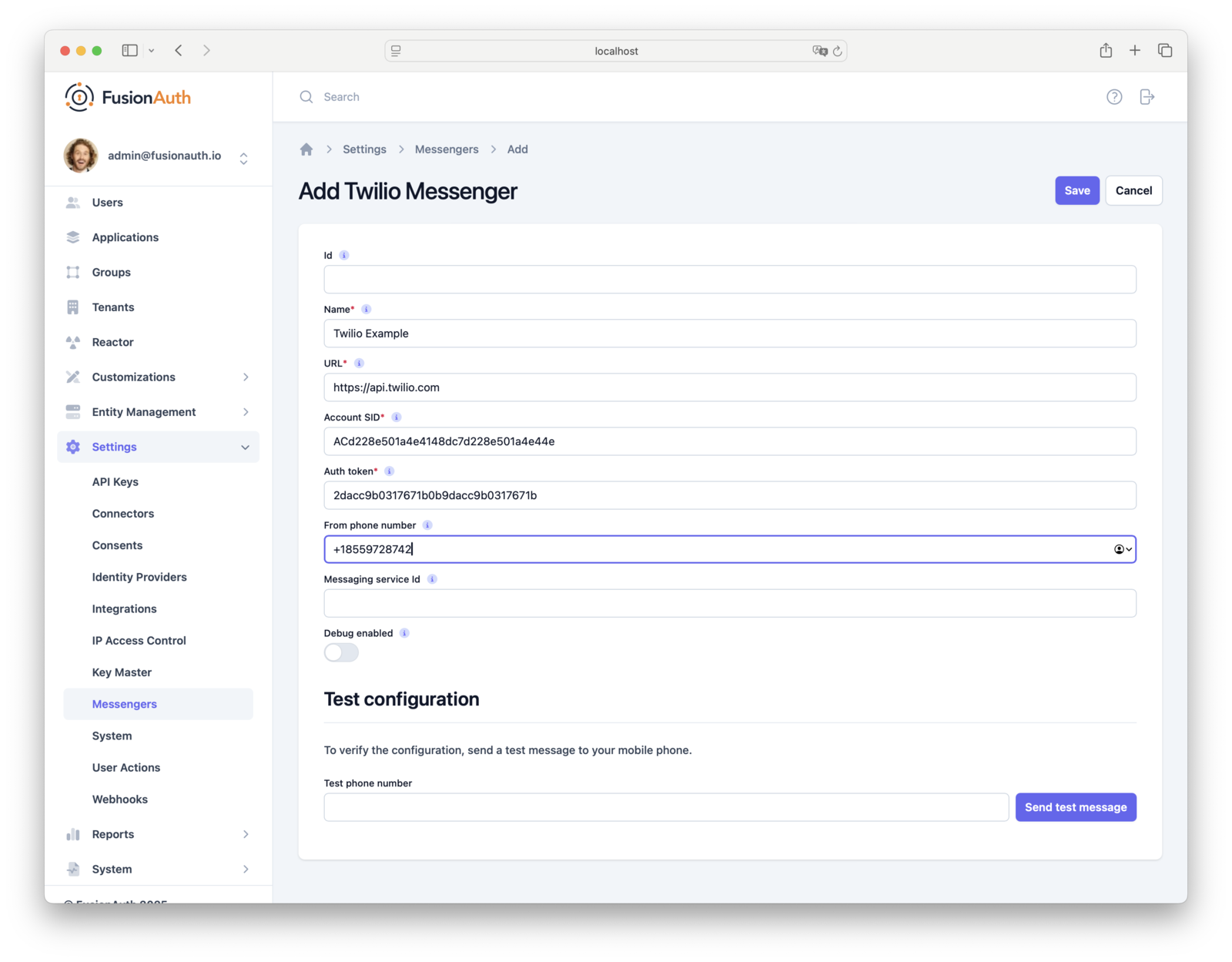 Twilio messenger configuration in FusionAuth