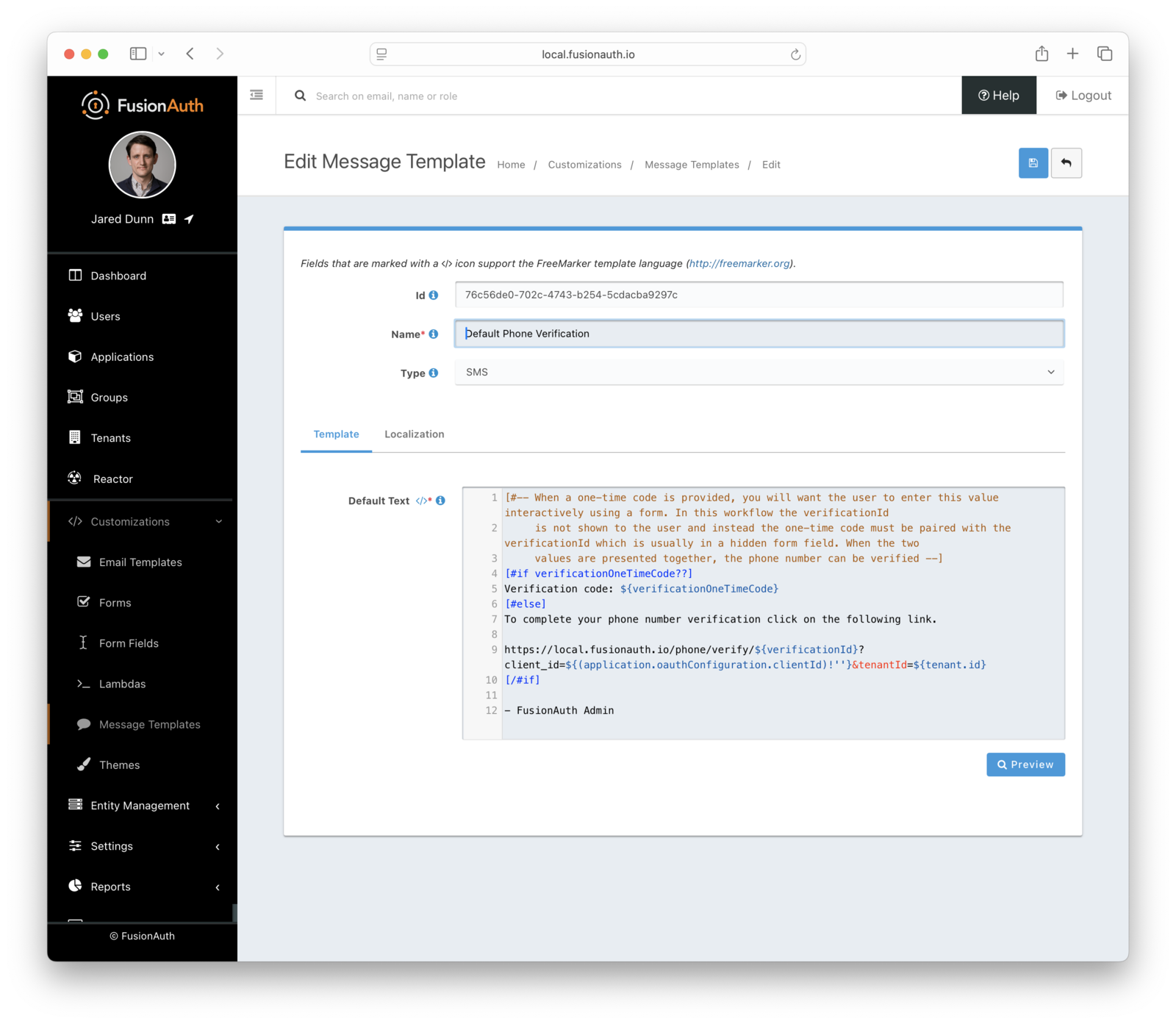 Customizing the phone verification message template