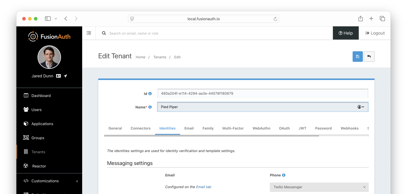Tenant Identities settings