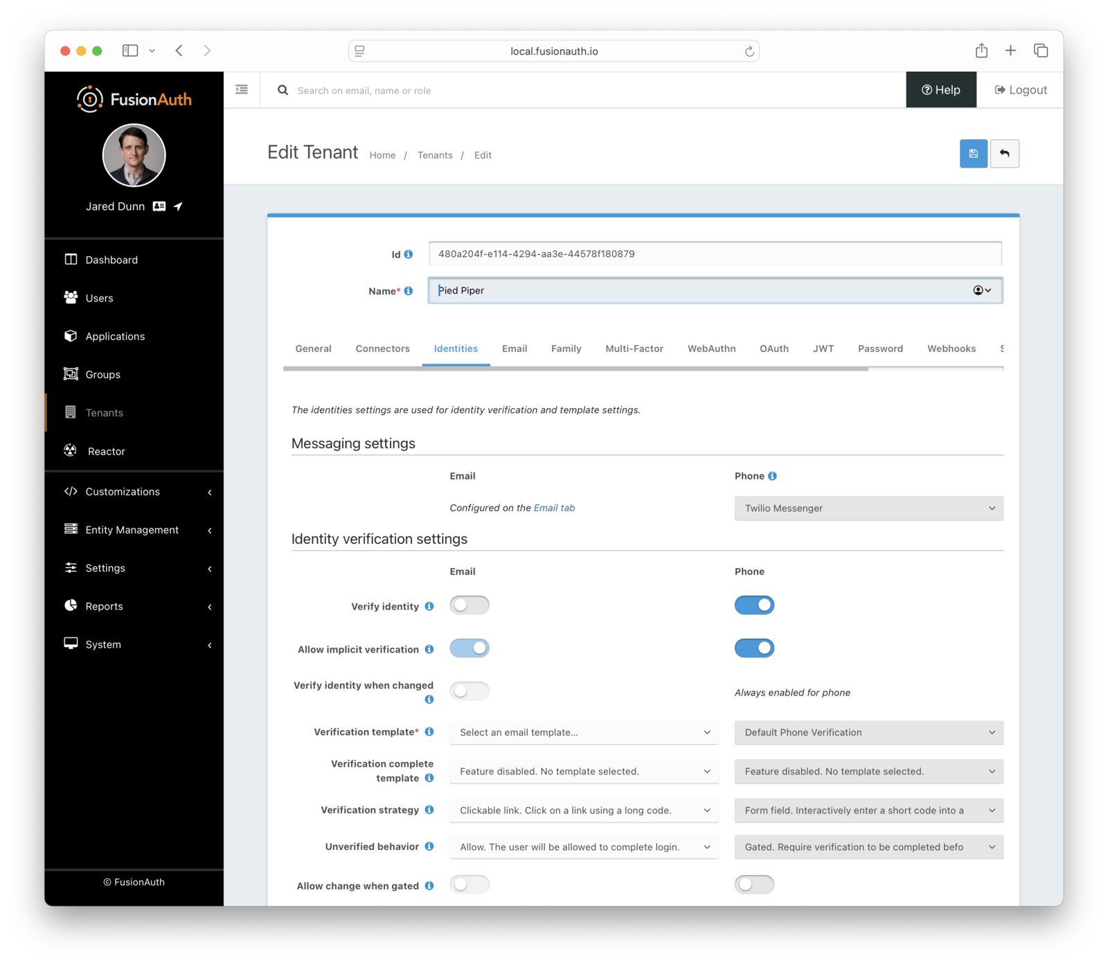 Tenant phone verification settings