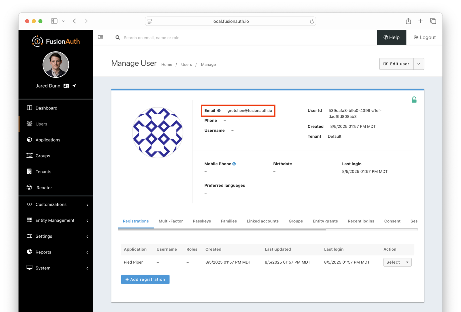 Unverified user details screen