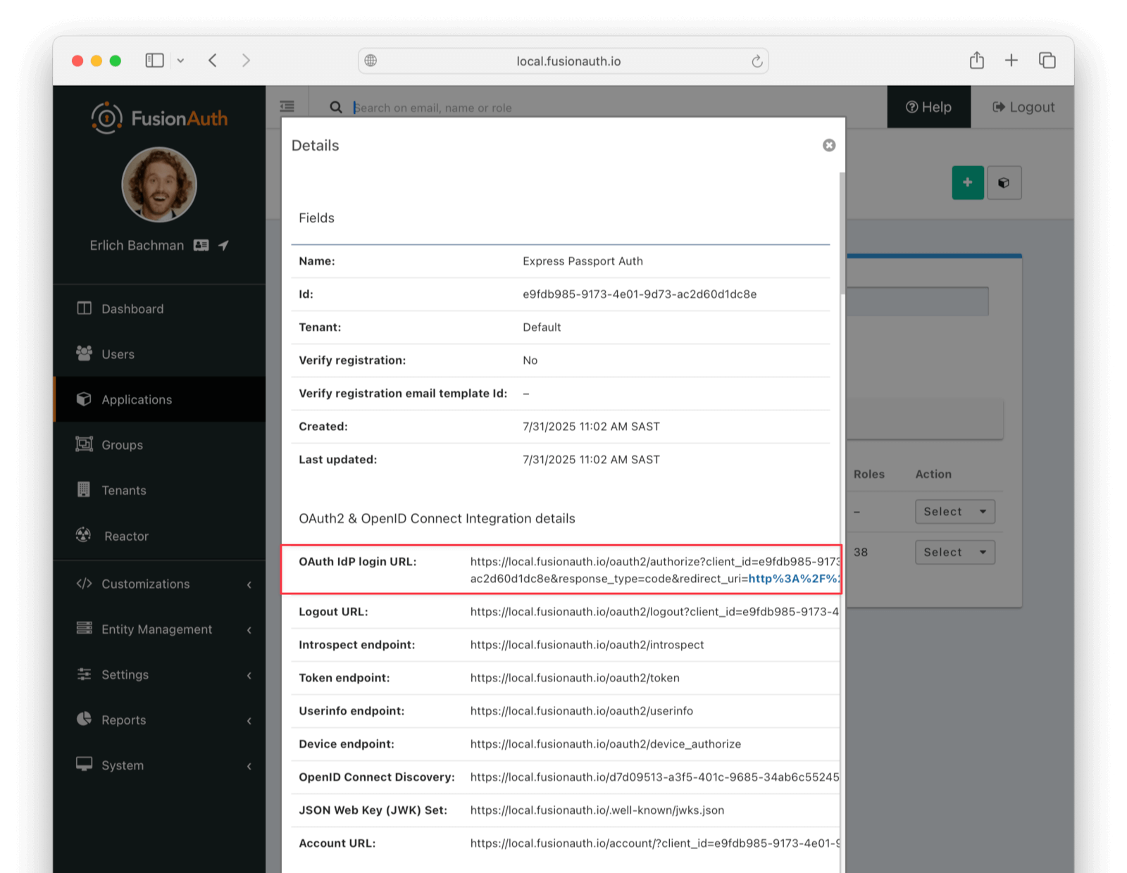 Test application login URL