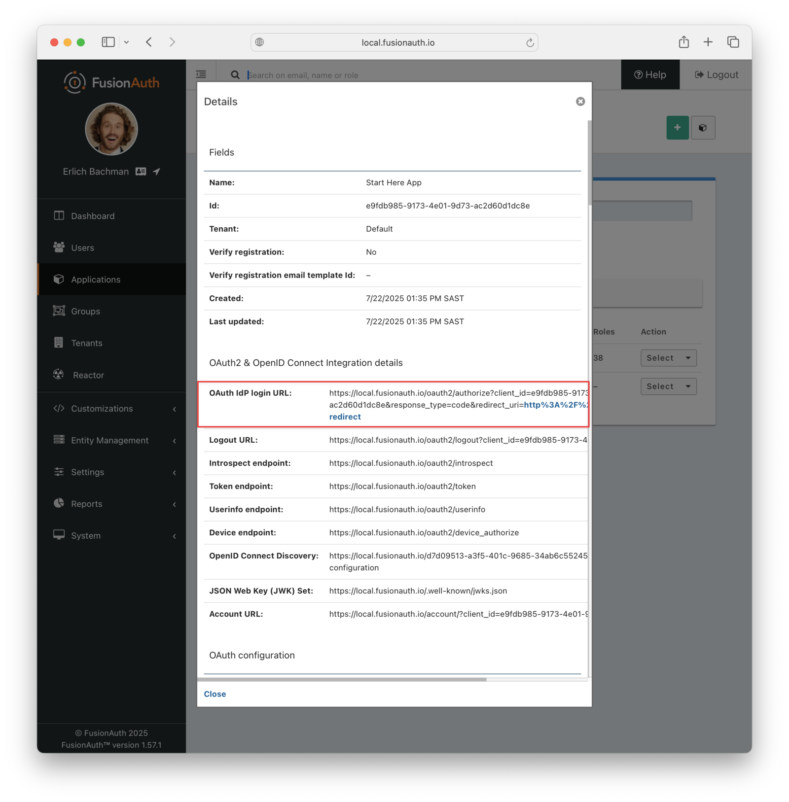 Test application login URL.