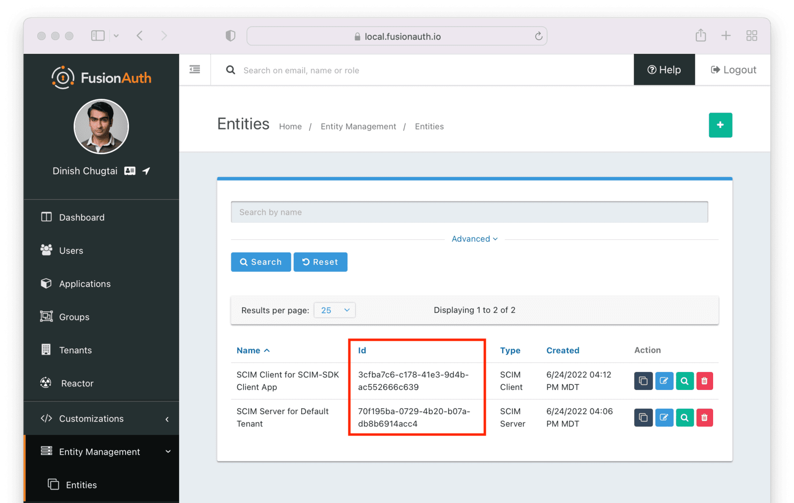 Finding the Ids for the entities.