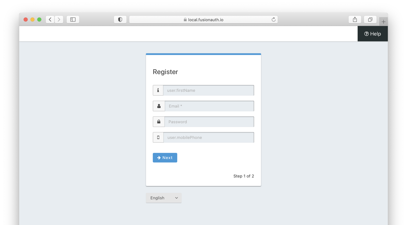 The first page of the custom registration flow.