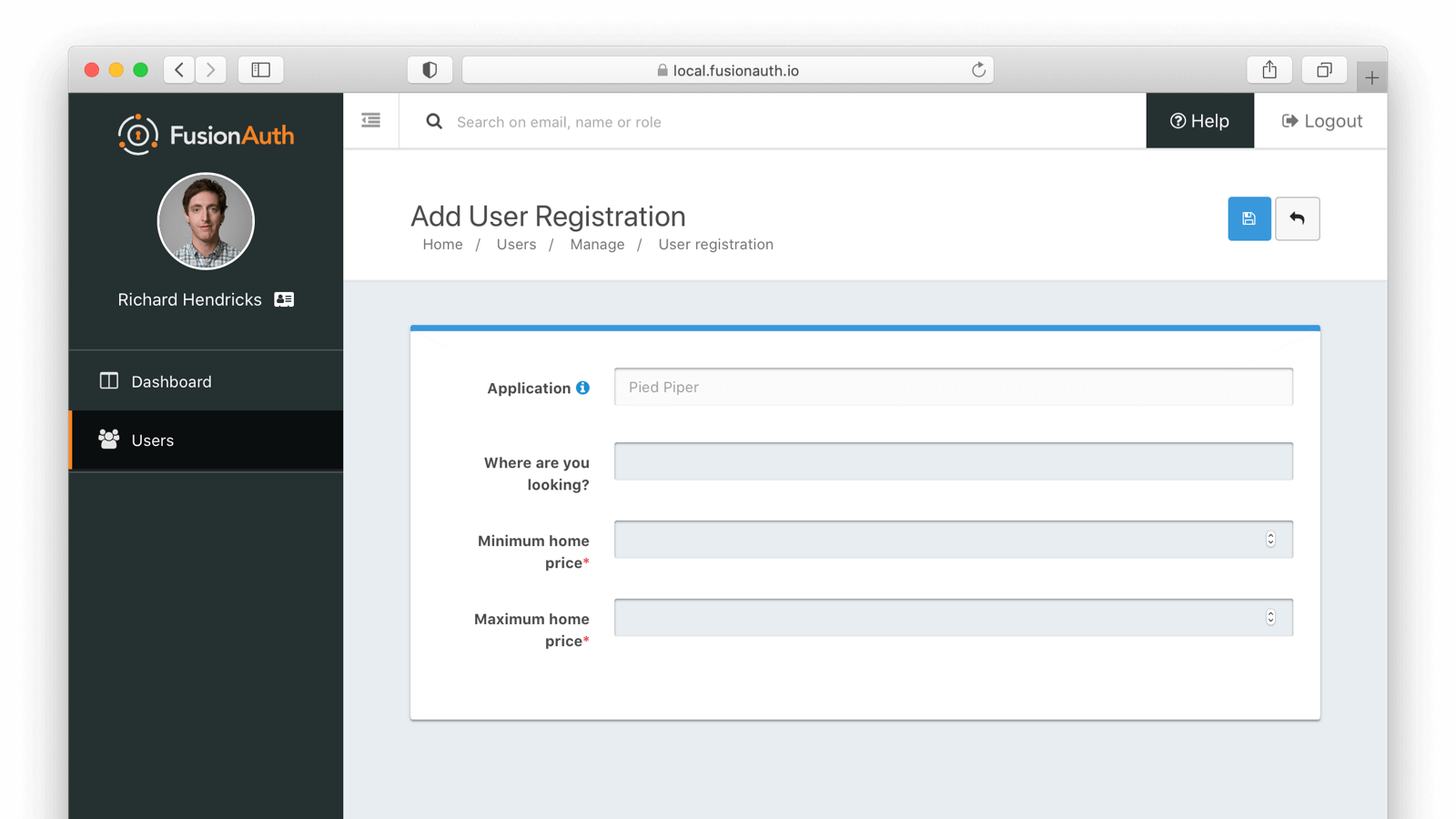 Editing a user application registration with a custom form.