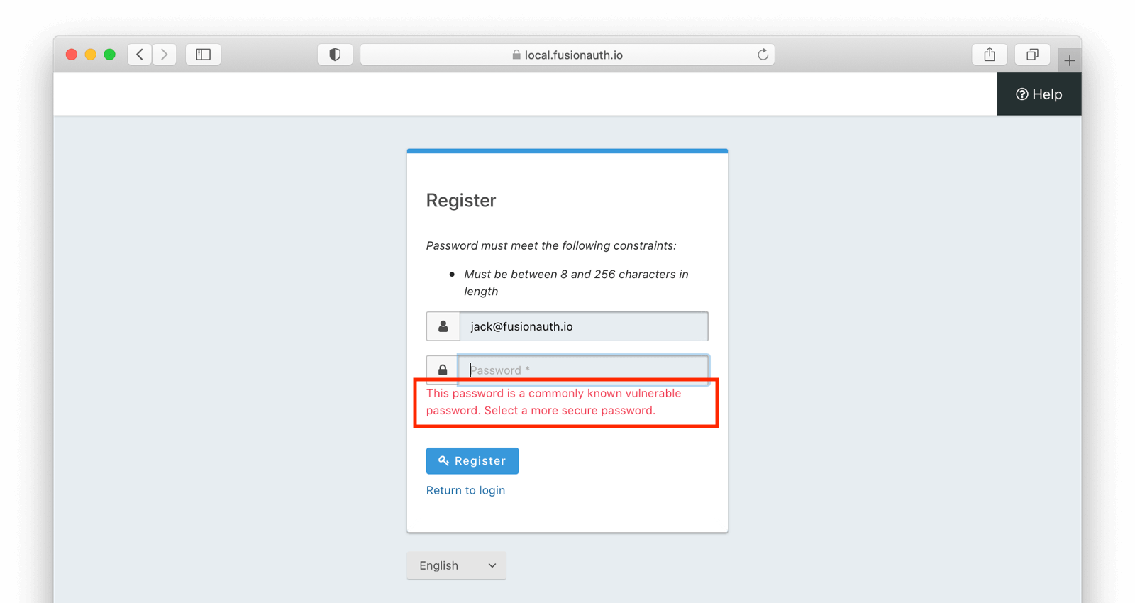 What a user who is registering with a breached password will see.