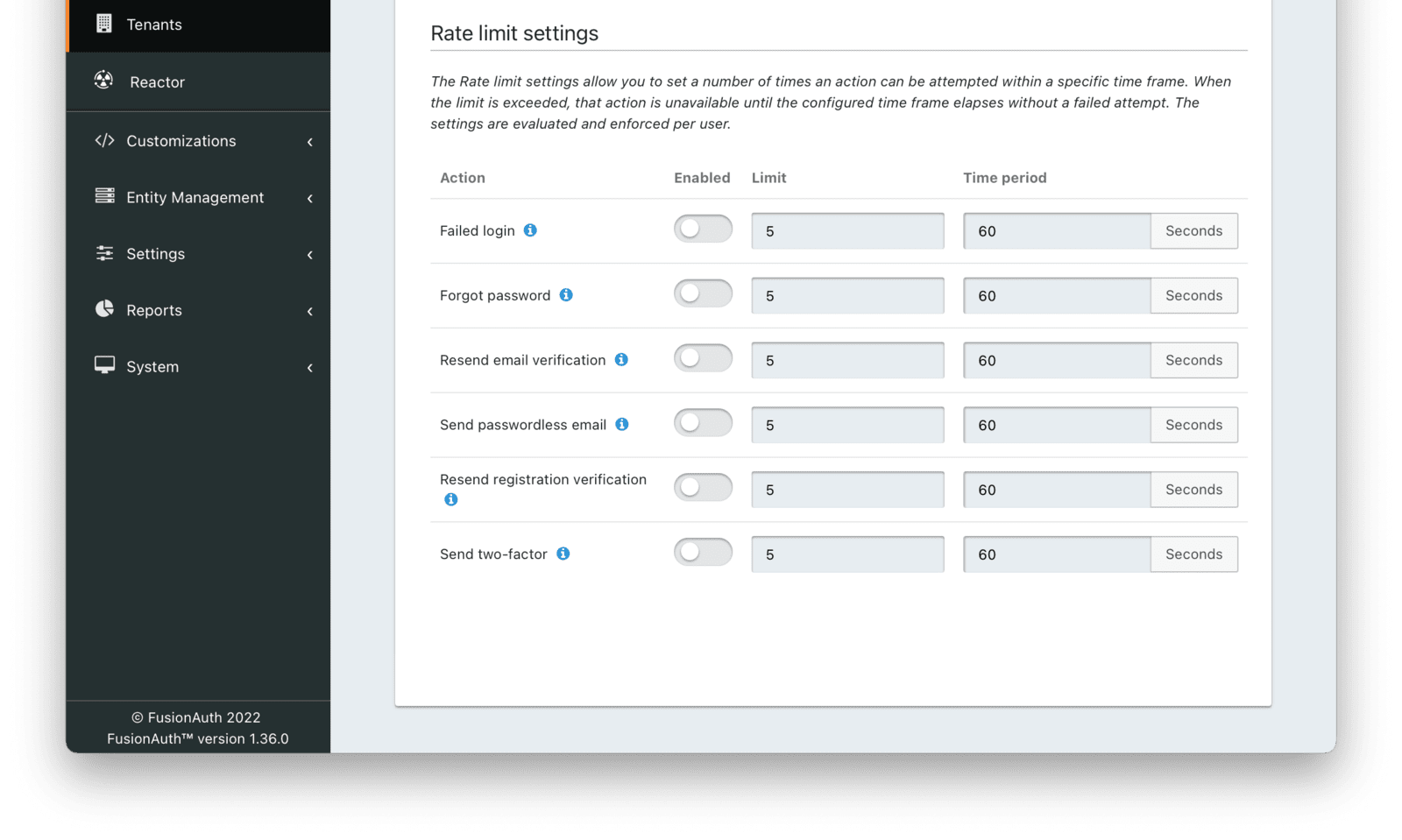 The rate limiting configuration screen.