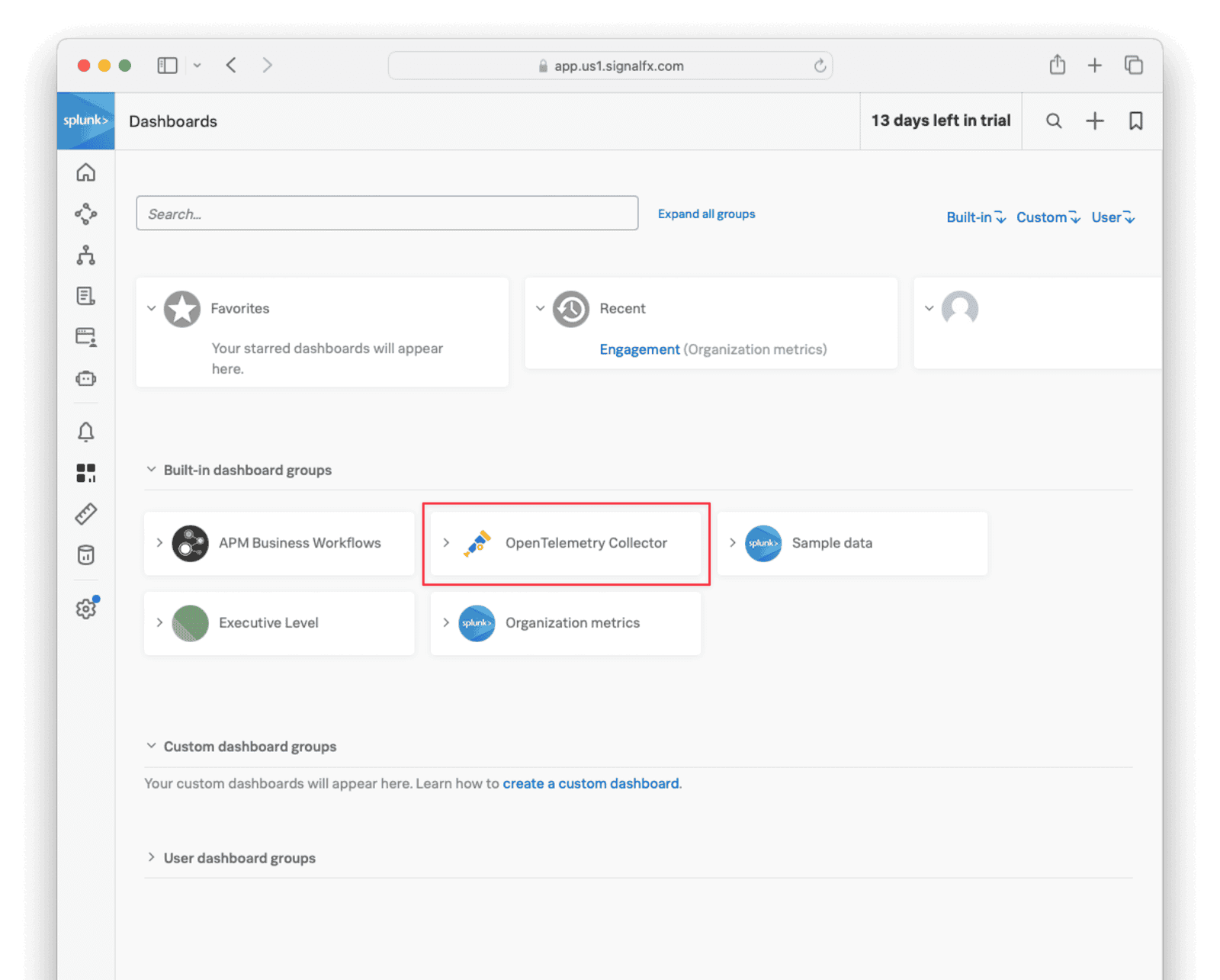 Selecting the OpenTelemetry dashboard