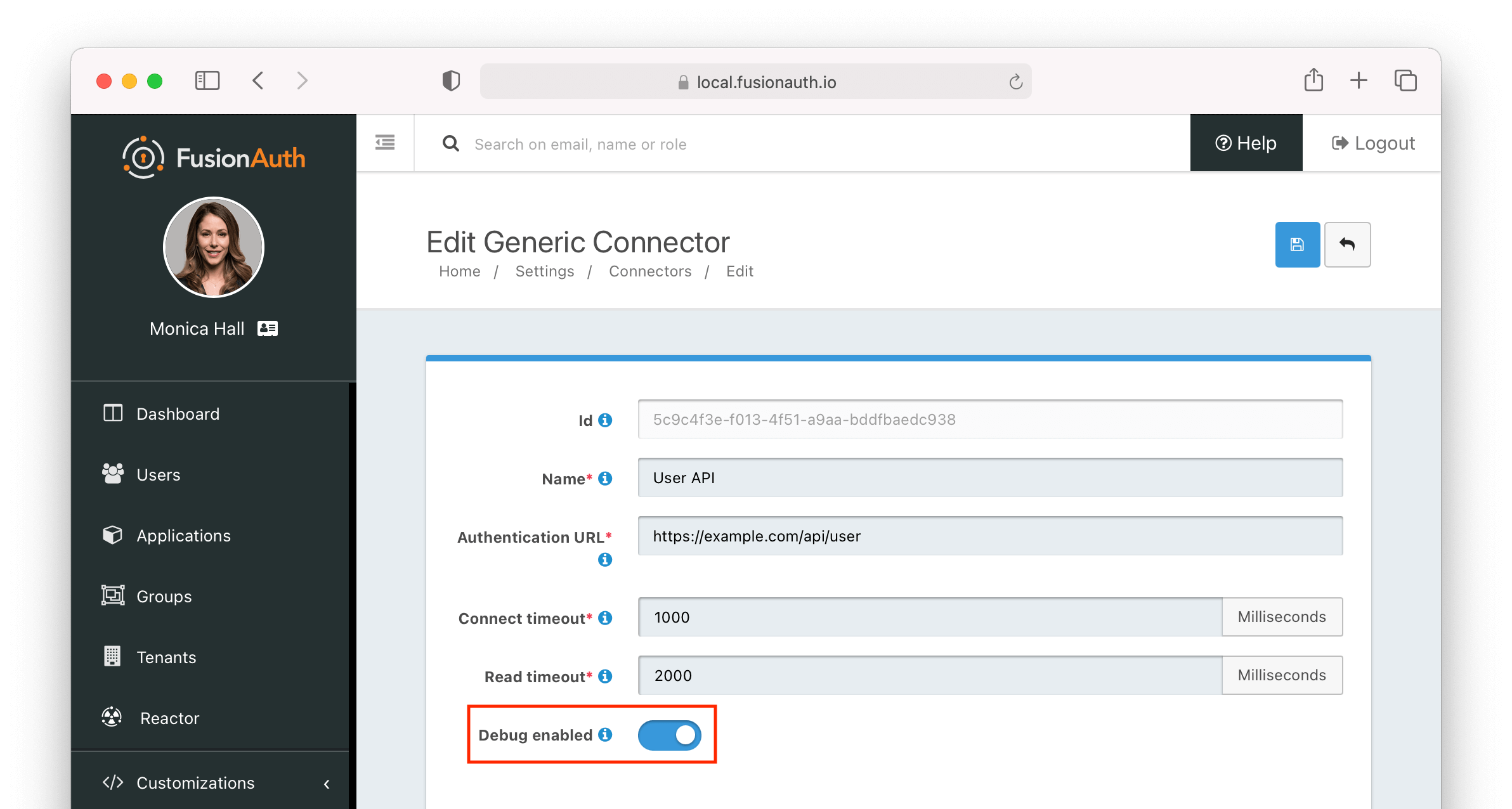 Enabling debugging for a generic connector.